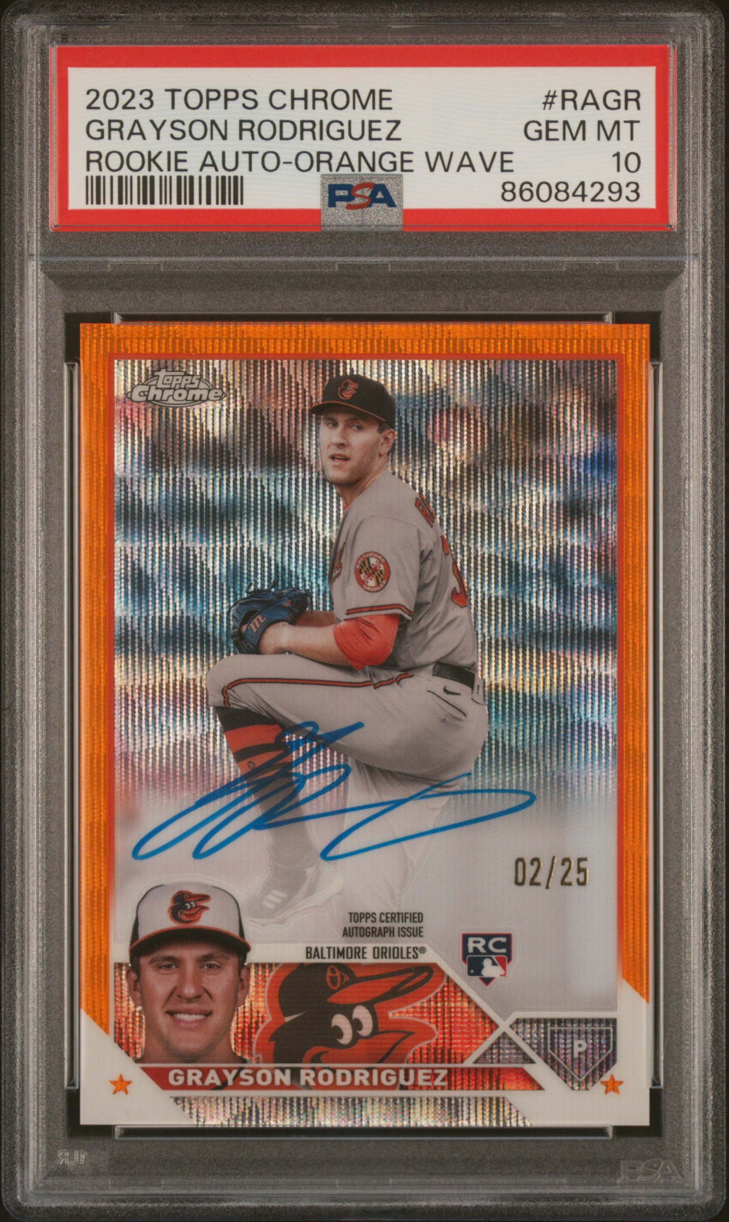 2023 Topps Chrome Rookie Autograph Orange Wave #RA-GR Grayson Rodriguez Signed Rookie Card (#02/25) – PSA GEM MT 10