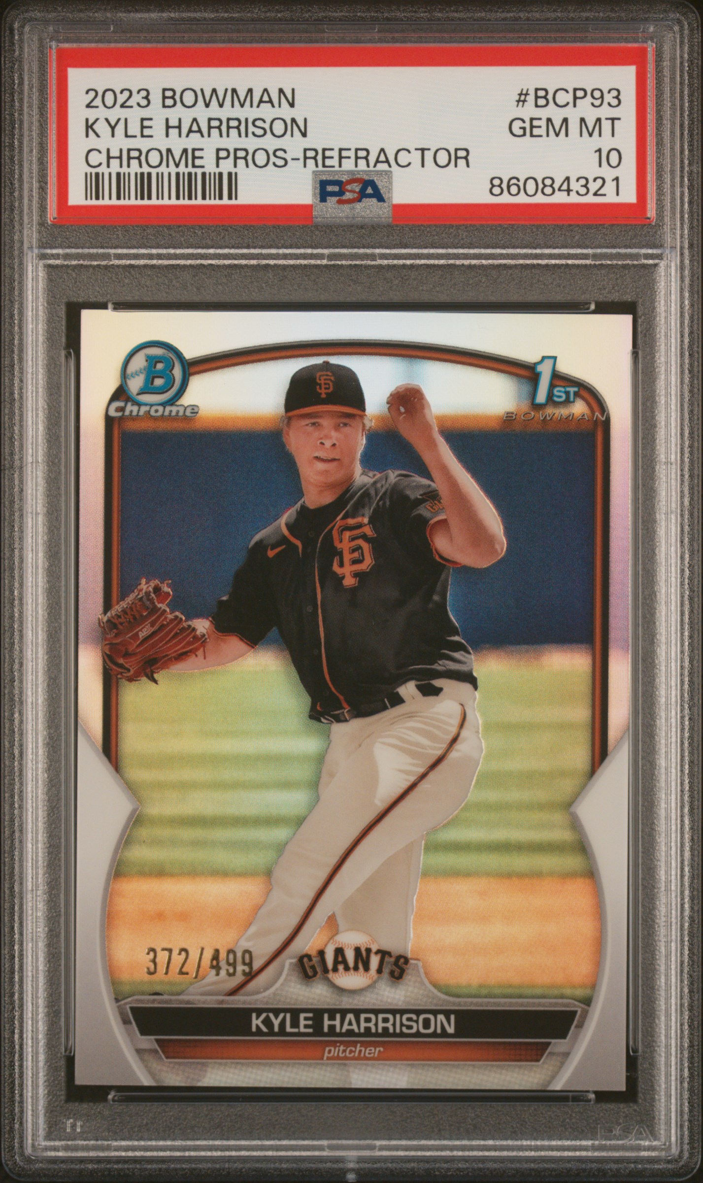 2023 Bowman Chrome Prospects Refractor #BCP93 Kyle Harrison Rookie Card (#372/499) – PSA GEM MT 10