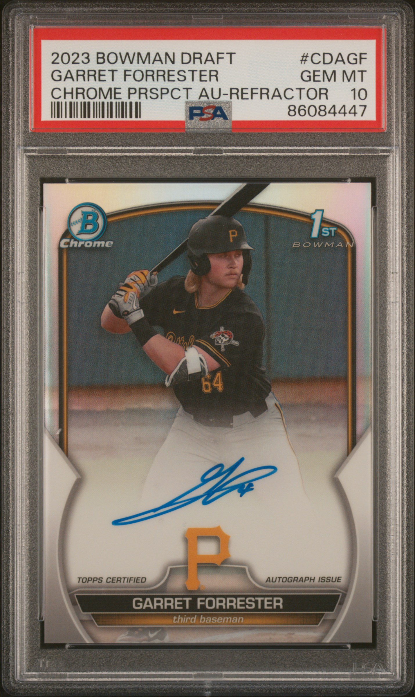 2023 Bowman Draft Chrome Prospect Autograph Refractor #CDA-GF Garret Forrester Signed Rookie Card (#349/499) – PSA GEM MT 10