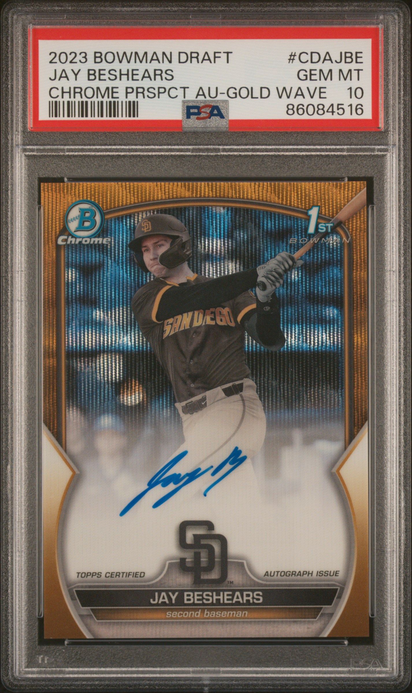 2023 Bowman Draft Chrome Prospect Autograph Gold Wave #CDA-JBE Jay Beshears Signed Rookie Card (#05/50) – PSA GEM MT 10