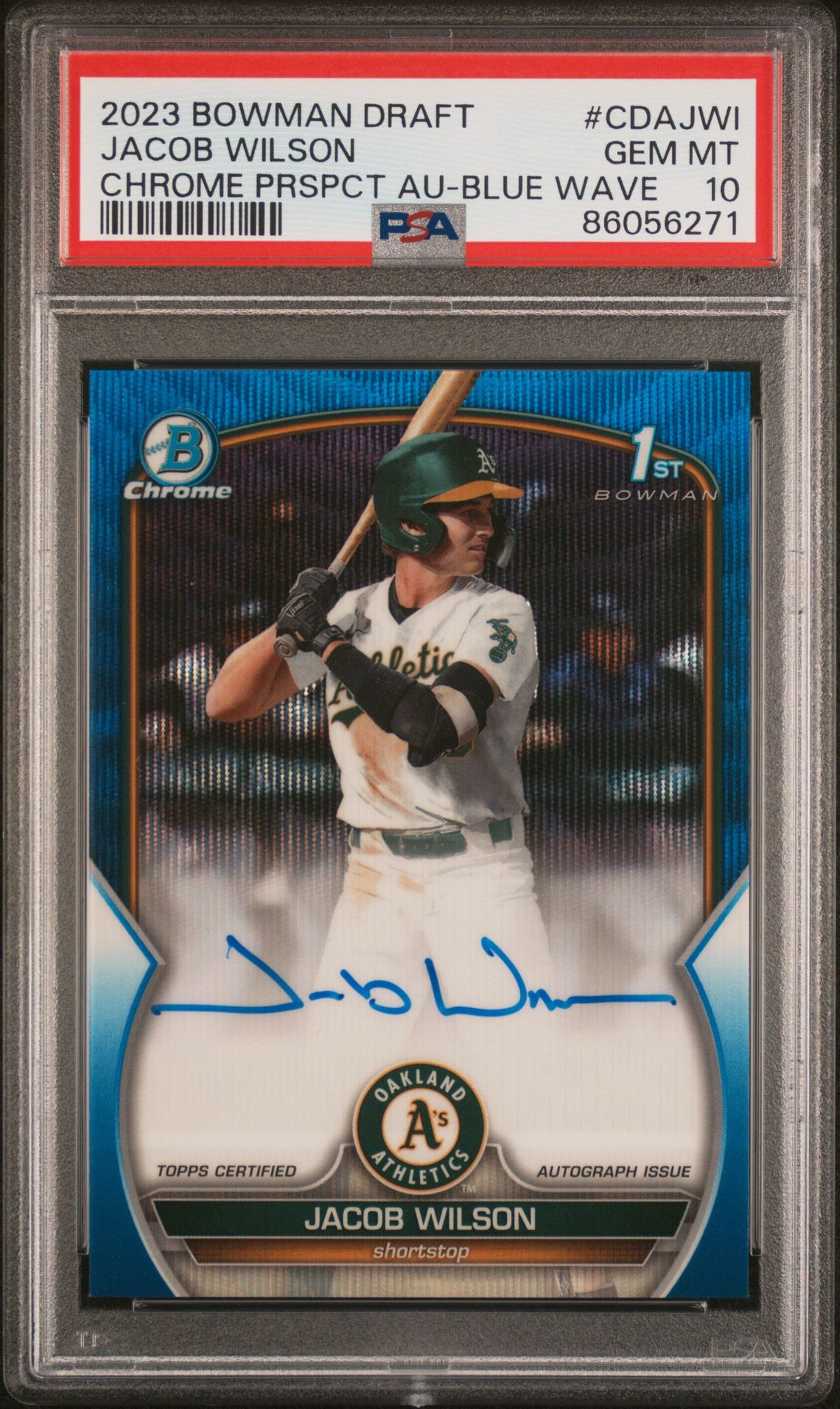 2023 Bowman BOWMAN DRAFT CHROME PROSPECT AUTOGRAPH CHROME PRSPCT AU-BLUE WAVE #CDAJWI Jacob Wilson front