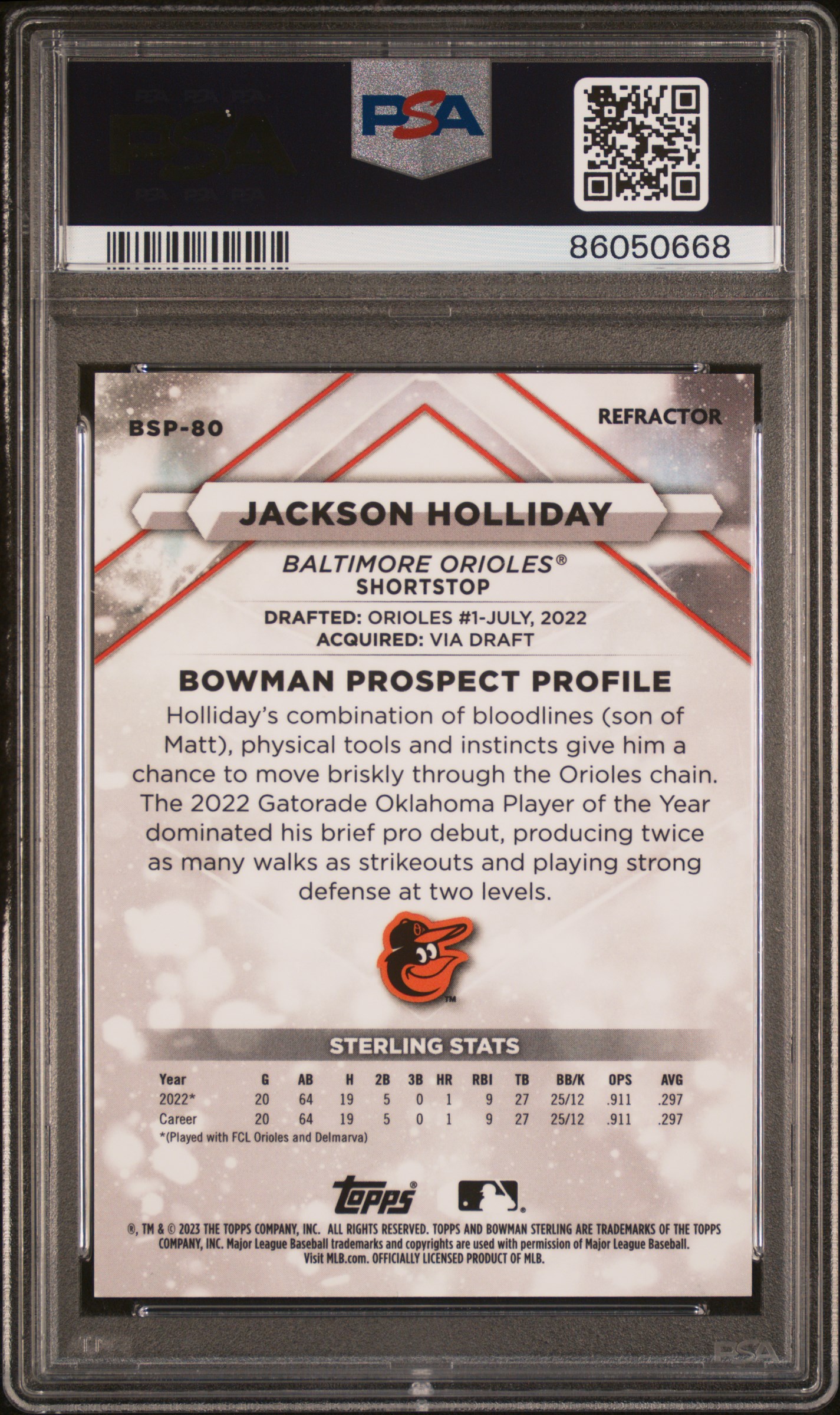 2023 Bowman Sterling Jackson Holliday #Bsp80 (Refractor) Gem Mt 10 back