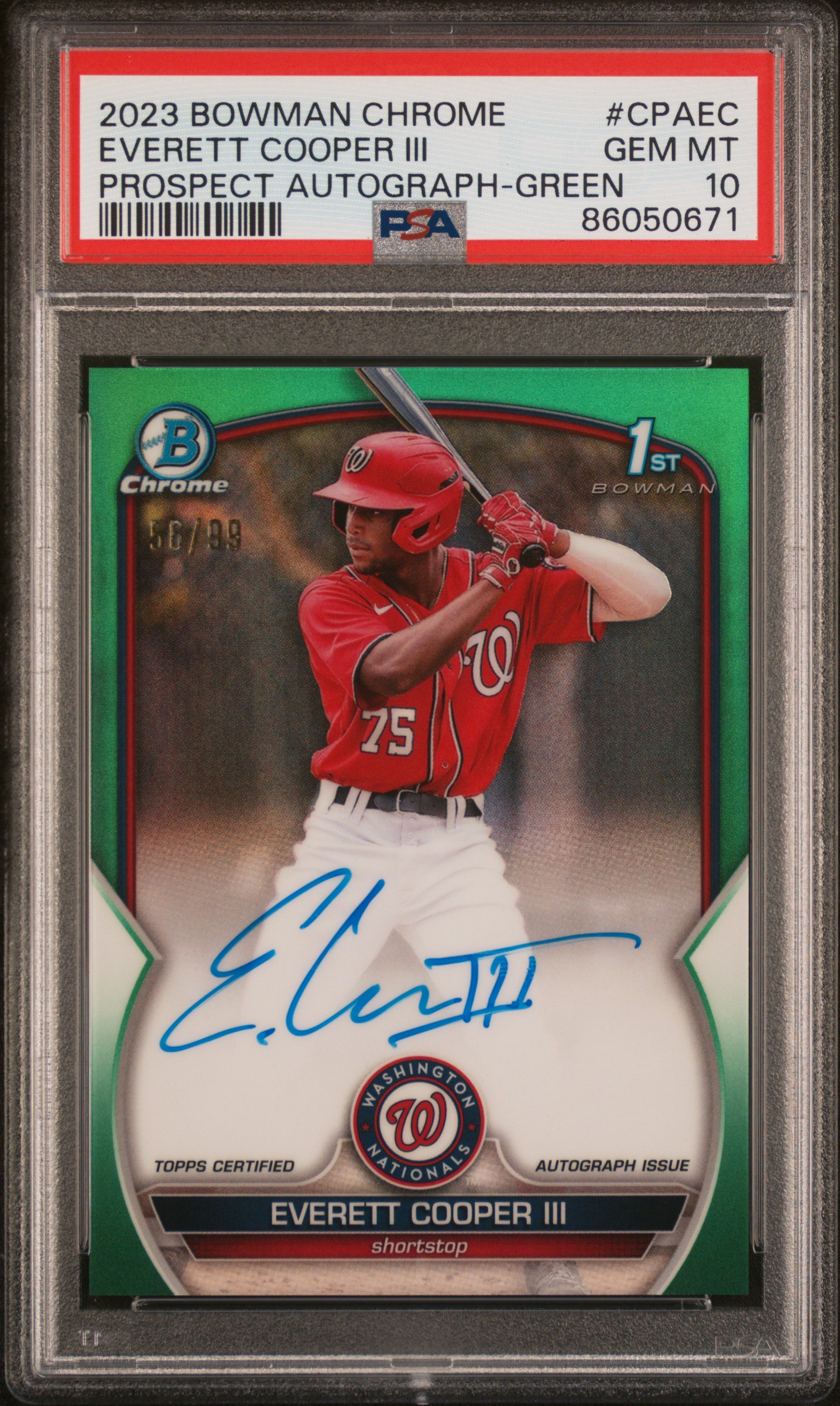 2023 Bowman Chrome Prospect Autographs Everett Cooper Iii #Cpaec (Prospect Auto-Green Ref) Gem Mt 10 front