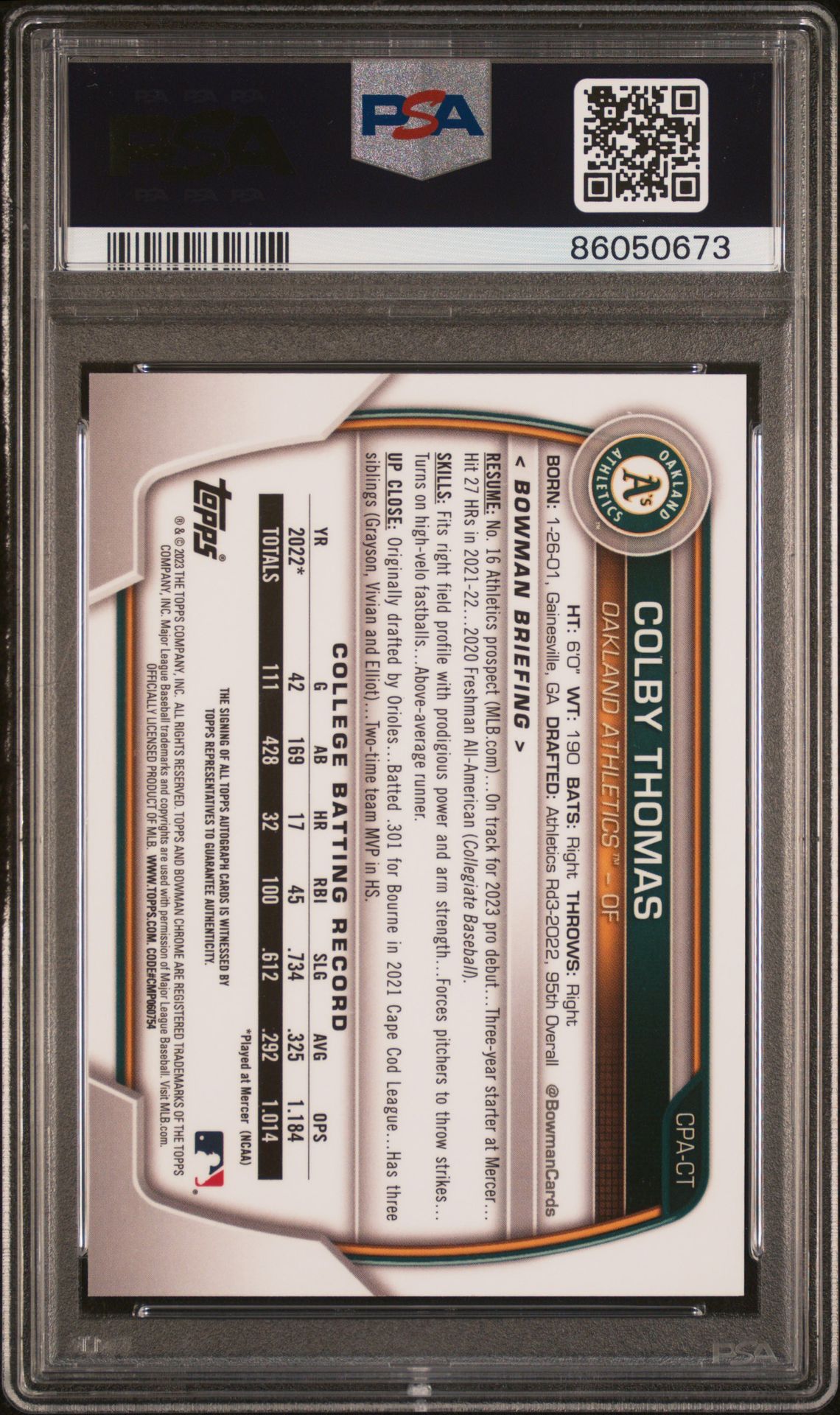 2023 BOWMAN CHROME PROSPECT AUTOGRAPHS COLBY THOMAS CHR PROSPECT AU-SPECKLE REF CPACT GEM MT 10 back