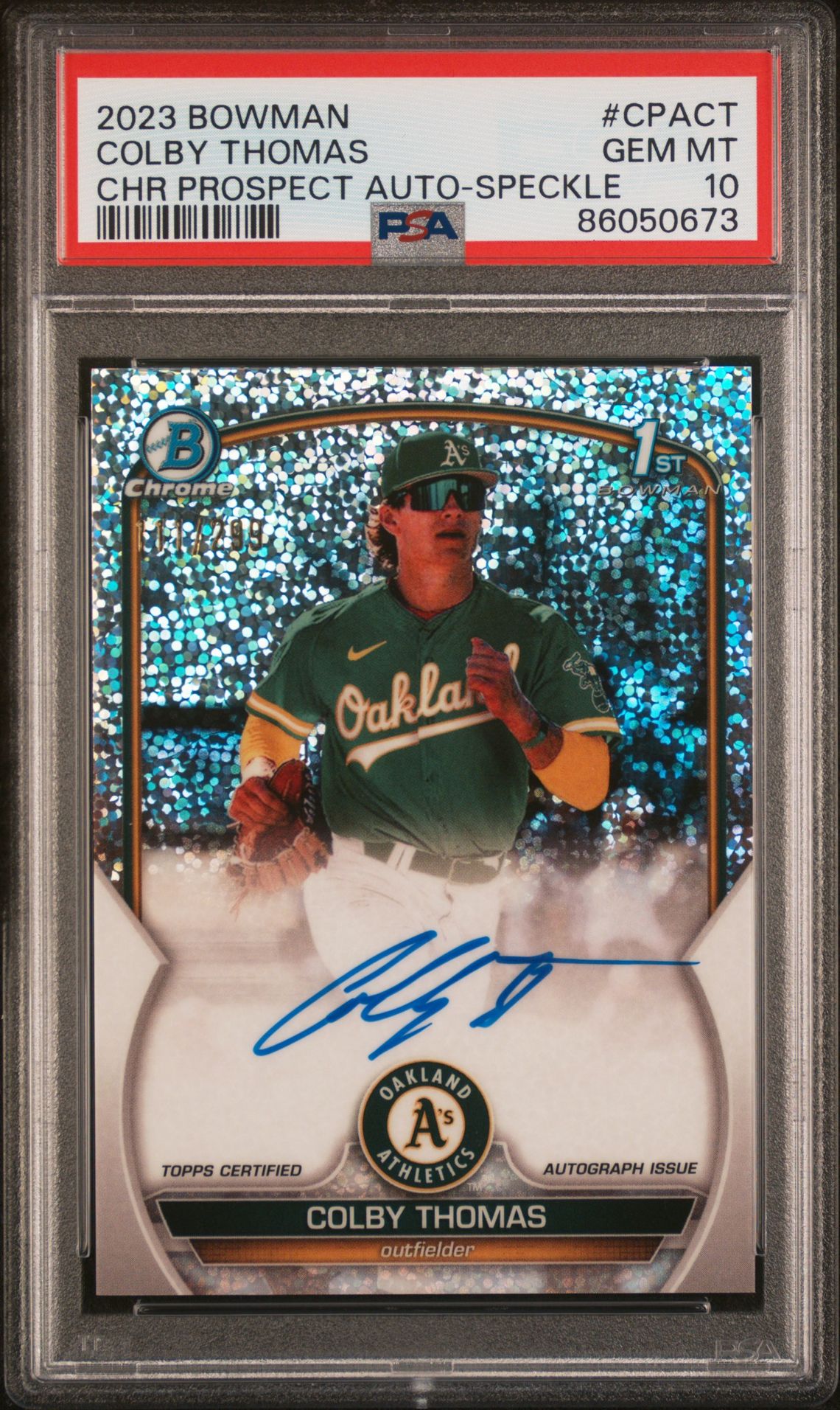 2023 BOWMAN CHROME PROSPECT AUTOGRAPHS COLBY THOMAS CHR PROSPECT AU-SPECKLE REF CPACT GEM MT 10 front