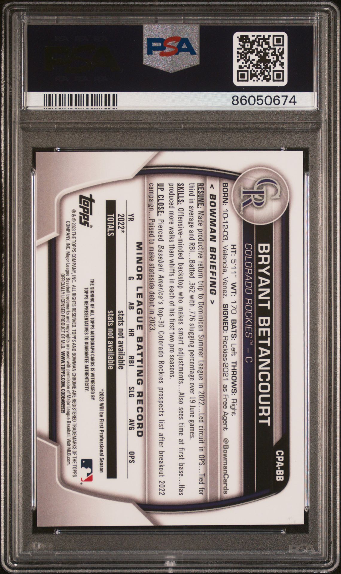 2023 Bowman Chrome Prospect Autographs Bryant Betancourt #Cpabb (Prospect Auto-Purple Ref) Gem Mt 10 back