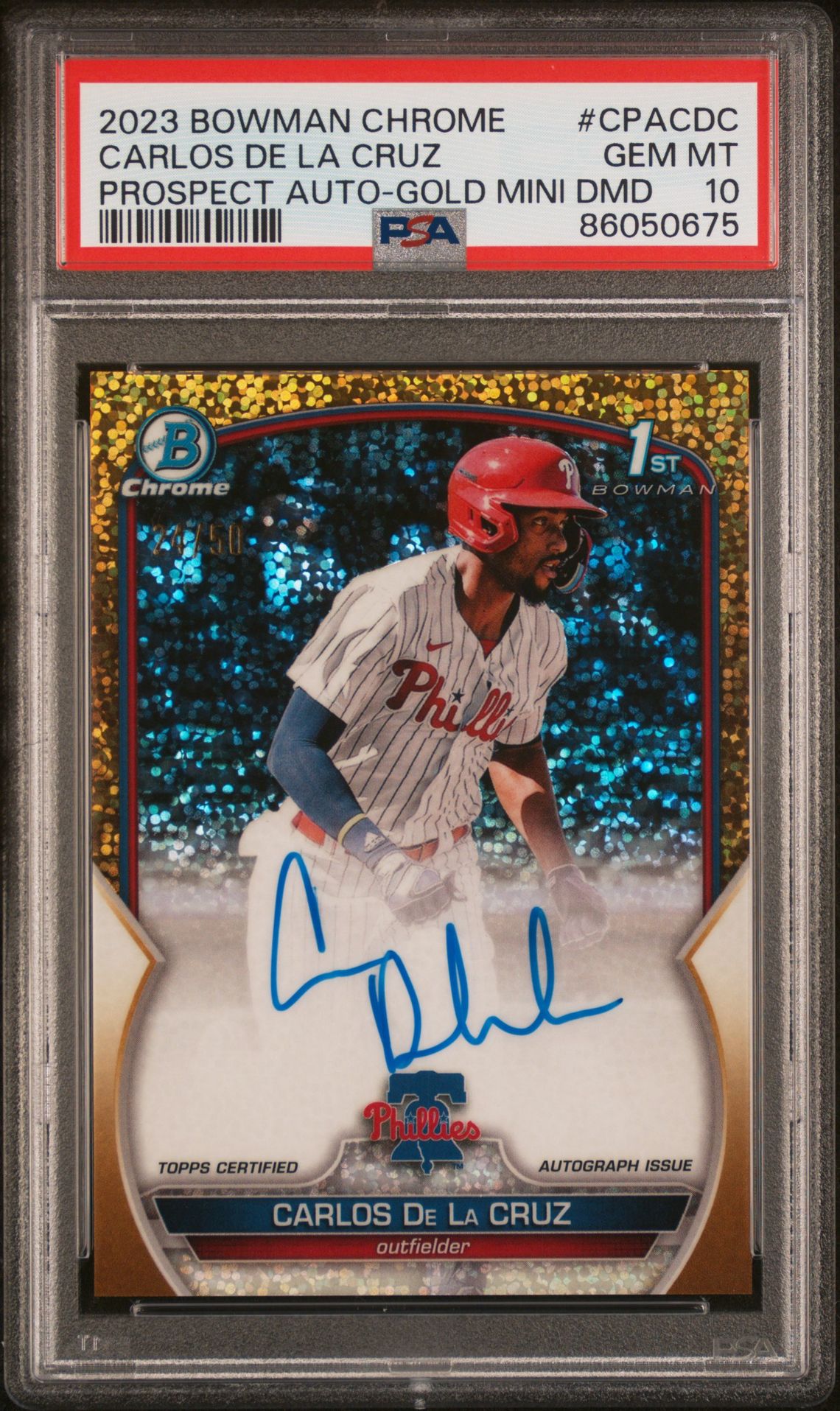 2023 Bowman Chrome Prospect Autographs Carlos De La Cruz #Cpacdc (Prospect Auto-Gold Mini Dmd) Gem Mt 10 front view - PSA graded GEM MT 10