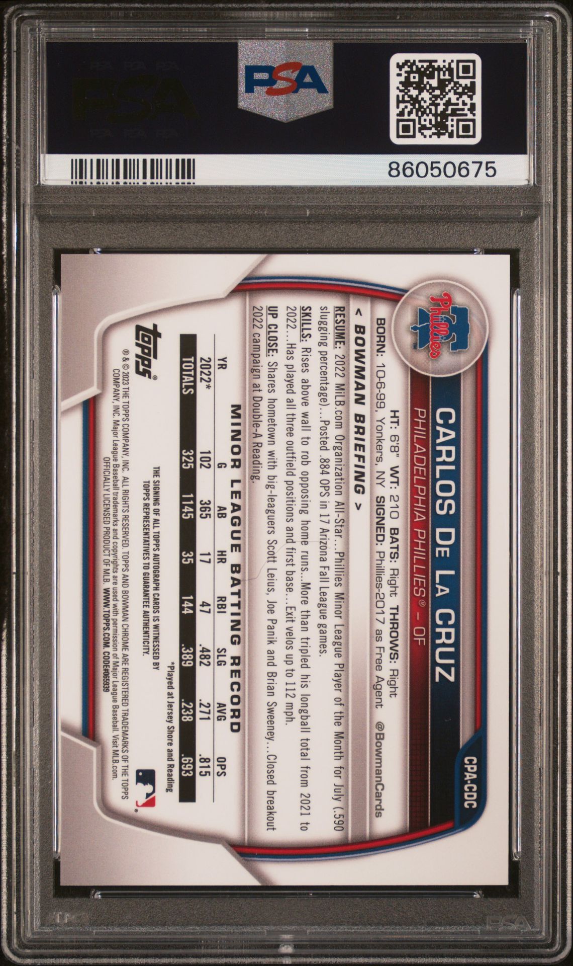 2023 Bowman Chrome Prospect Autographs Carlos De La Cruz #Cpacdc (Prospect Auto-Gold Mini Dmd) Gem Mt 10 back view - PSA certificate #86050675