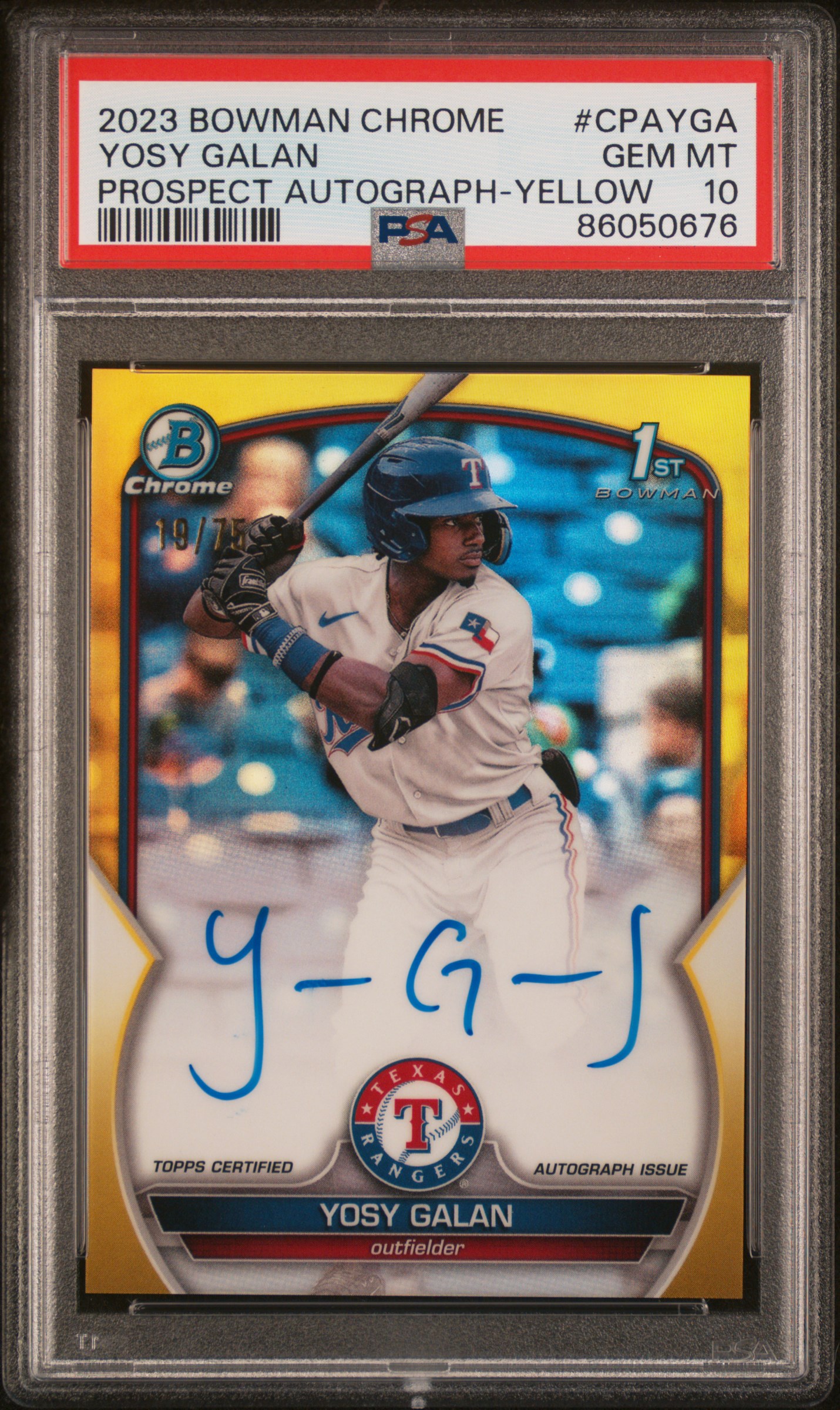 2023 Bowman Chrome Prospect Autographs Yosy Galan #Cpayga (Prospect Auto-Yellow Ref) Gem Mt 10 front