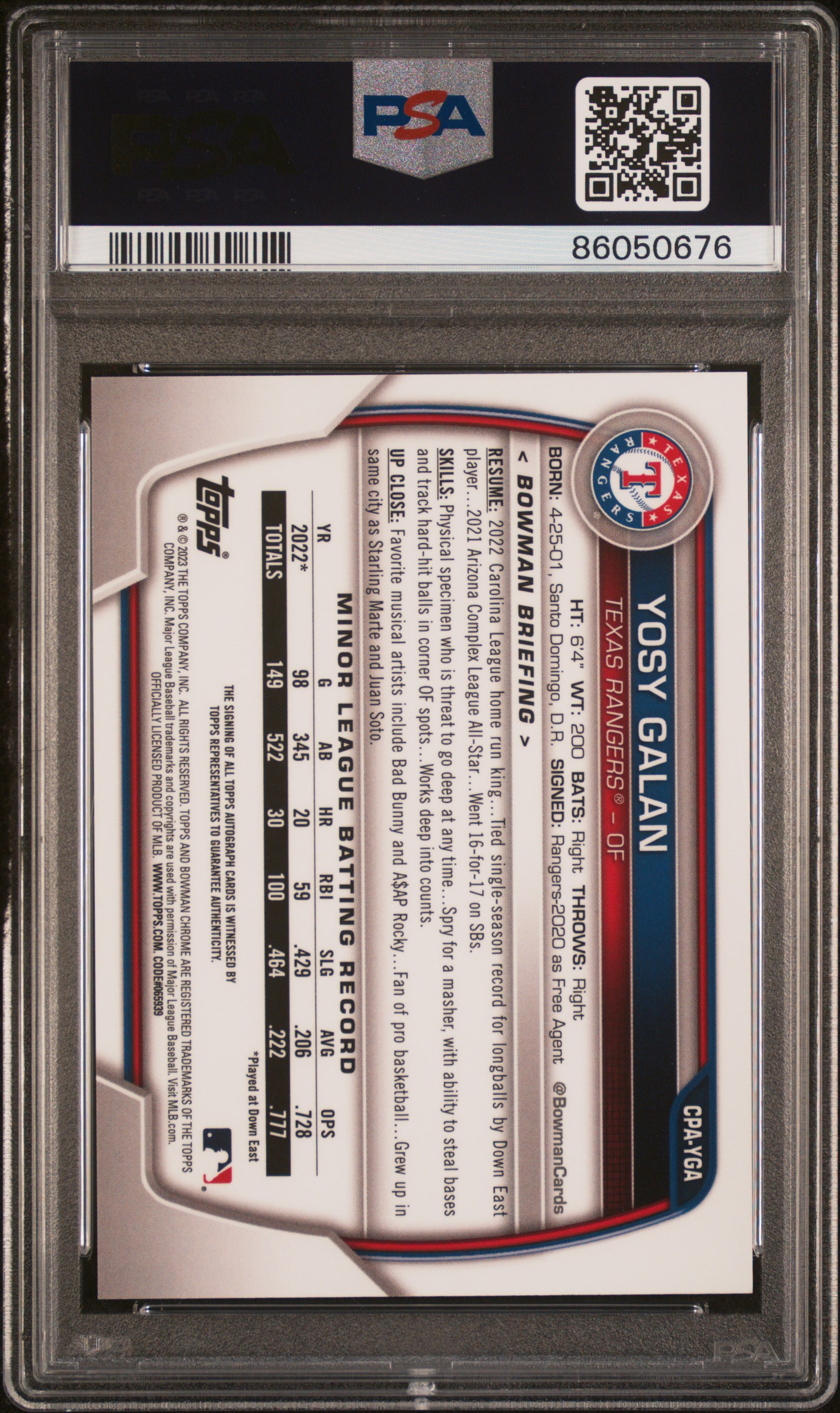 2023 Bowman Chrome Prospect Autographs Yosy Galan #Cpayga (Prospect Auto-Yellow Ref) Gem Mt 10 back