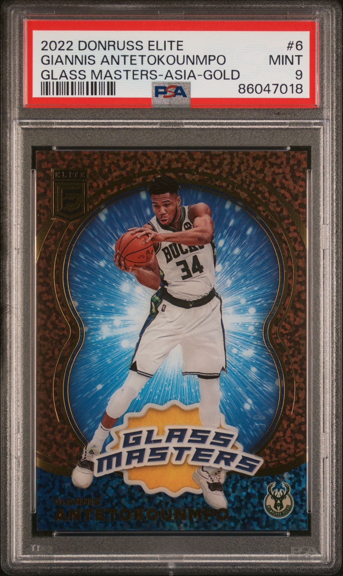 2022 Panini Donruss Elite Glass Masters Giannis Antetokounmpo #6 (Glass Masters-Asia-Gold) Mint 9 front