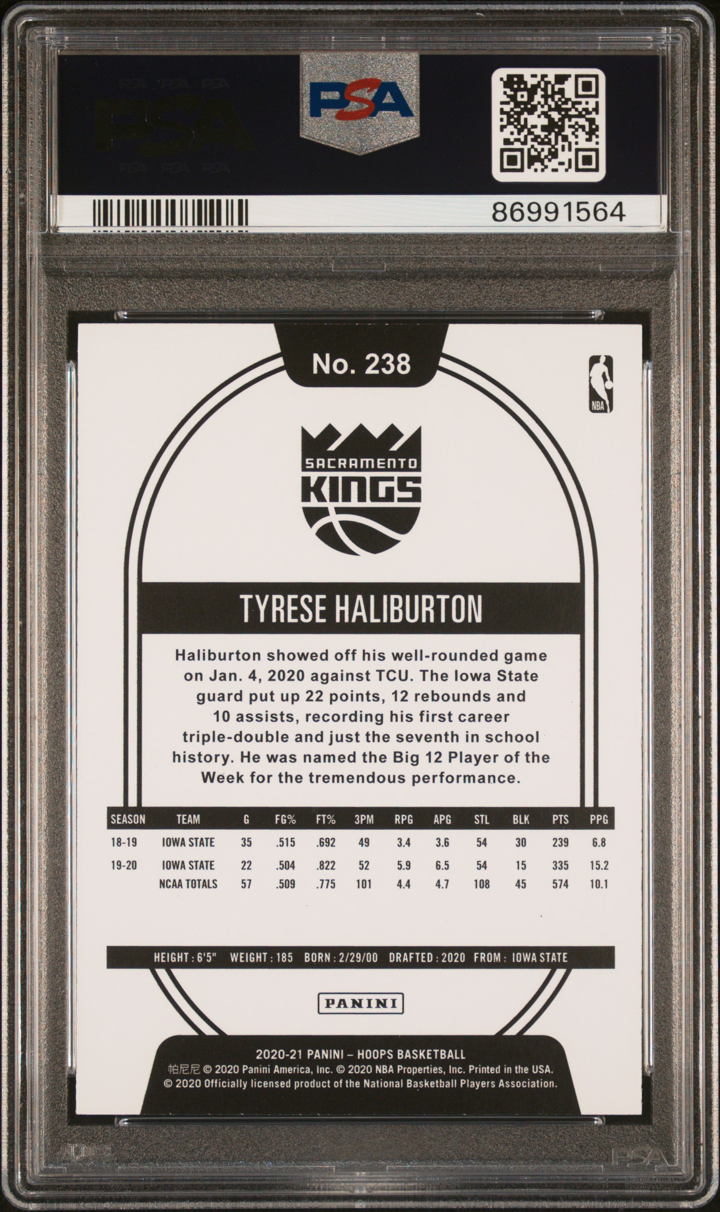 2020 Panini Hoops Tyrese Haliburton #238 Gem Mt 10 back