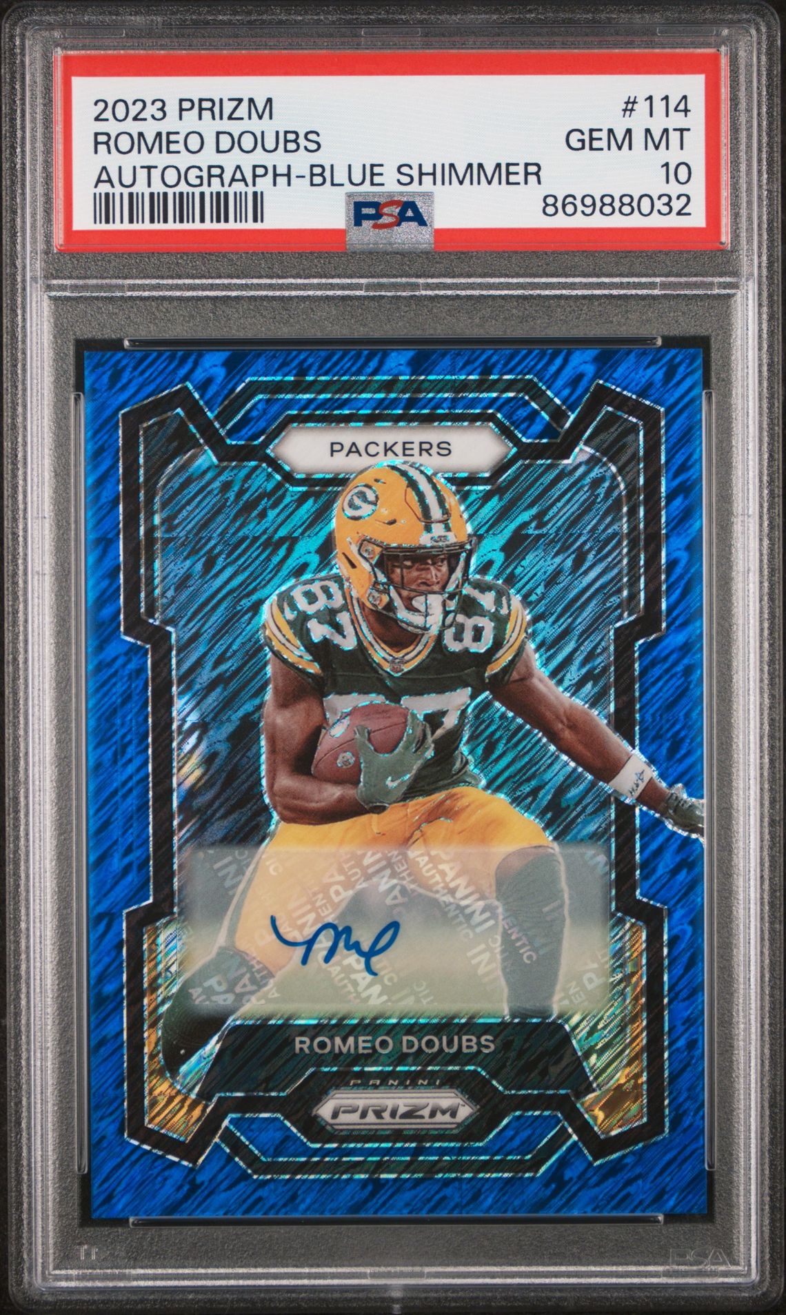2023 Panini PANINI PRIZM AUTOGRAPH-BLUE SHIMMER #114 Romeo Doubs front