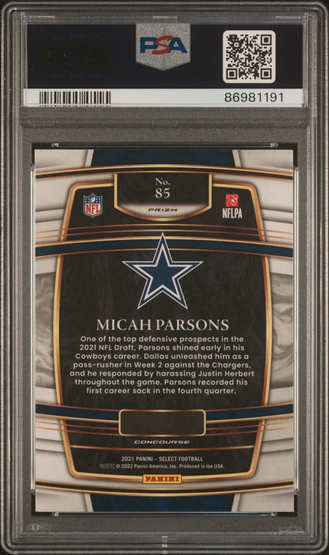 2021 Panini Select Micah Parsons #85 (Silver Prizm) Gem Mt 10 back
