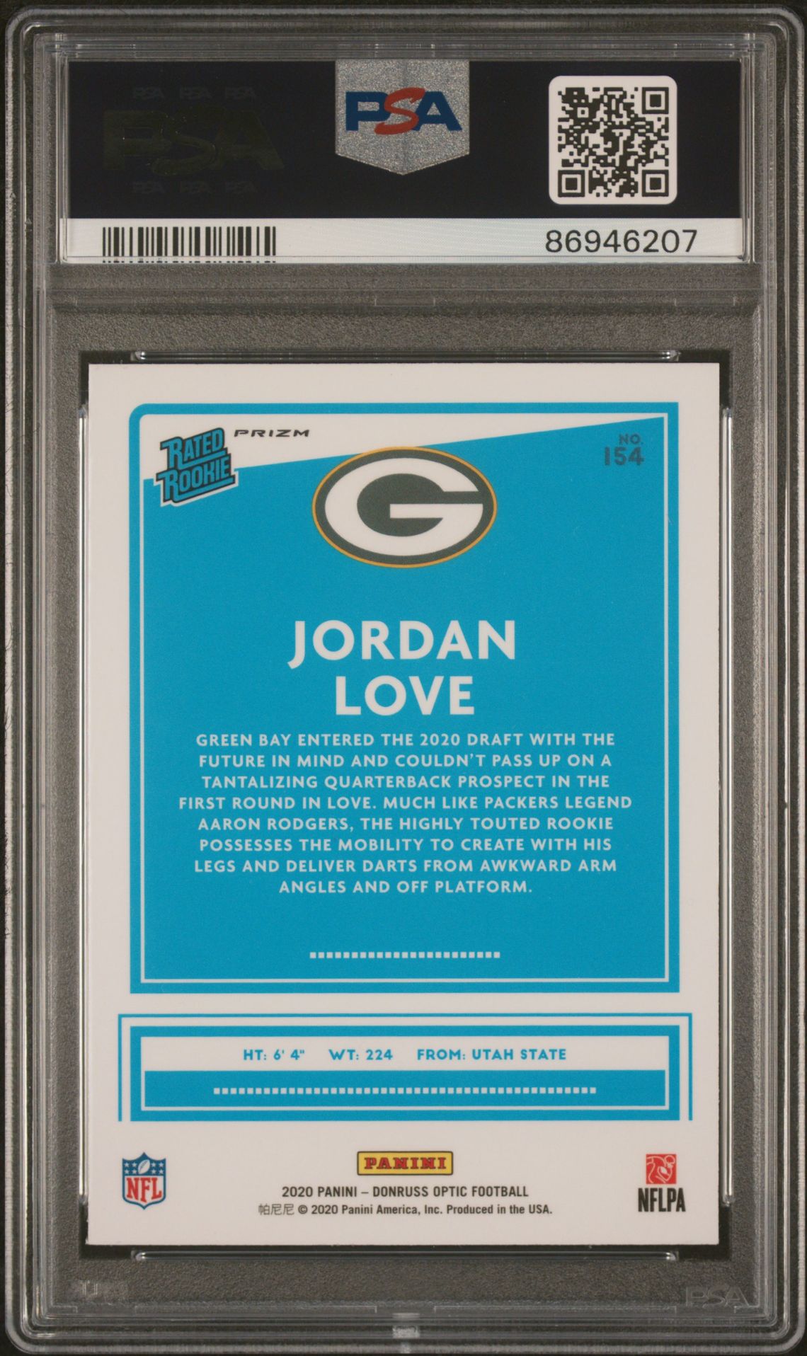 2020 Panini Donruss Optic Jordan Love #154 (Blue Hyper) Gem Mt 10 back