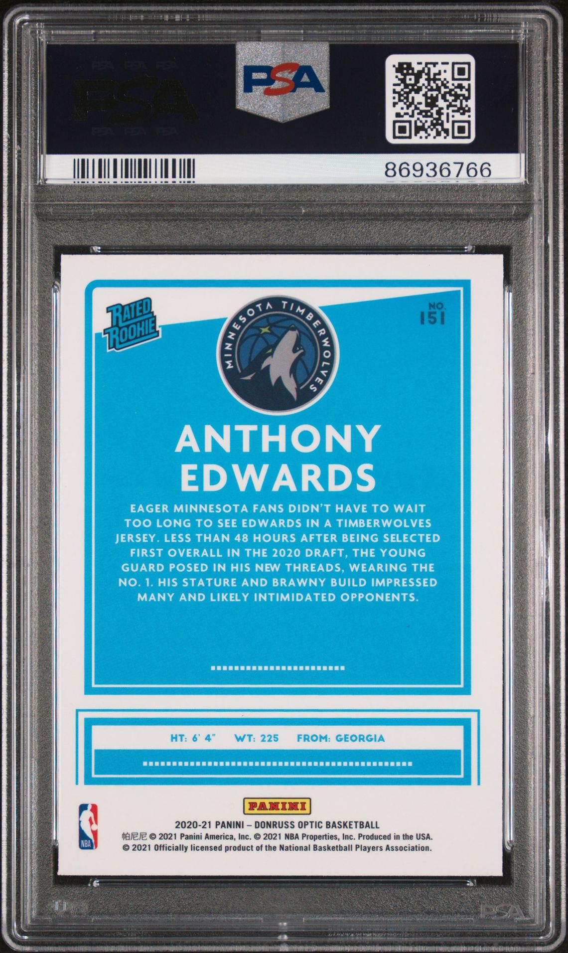 2020 Panini Donruss Optic Anthony Edwards #151 Mint 9 back