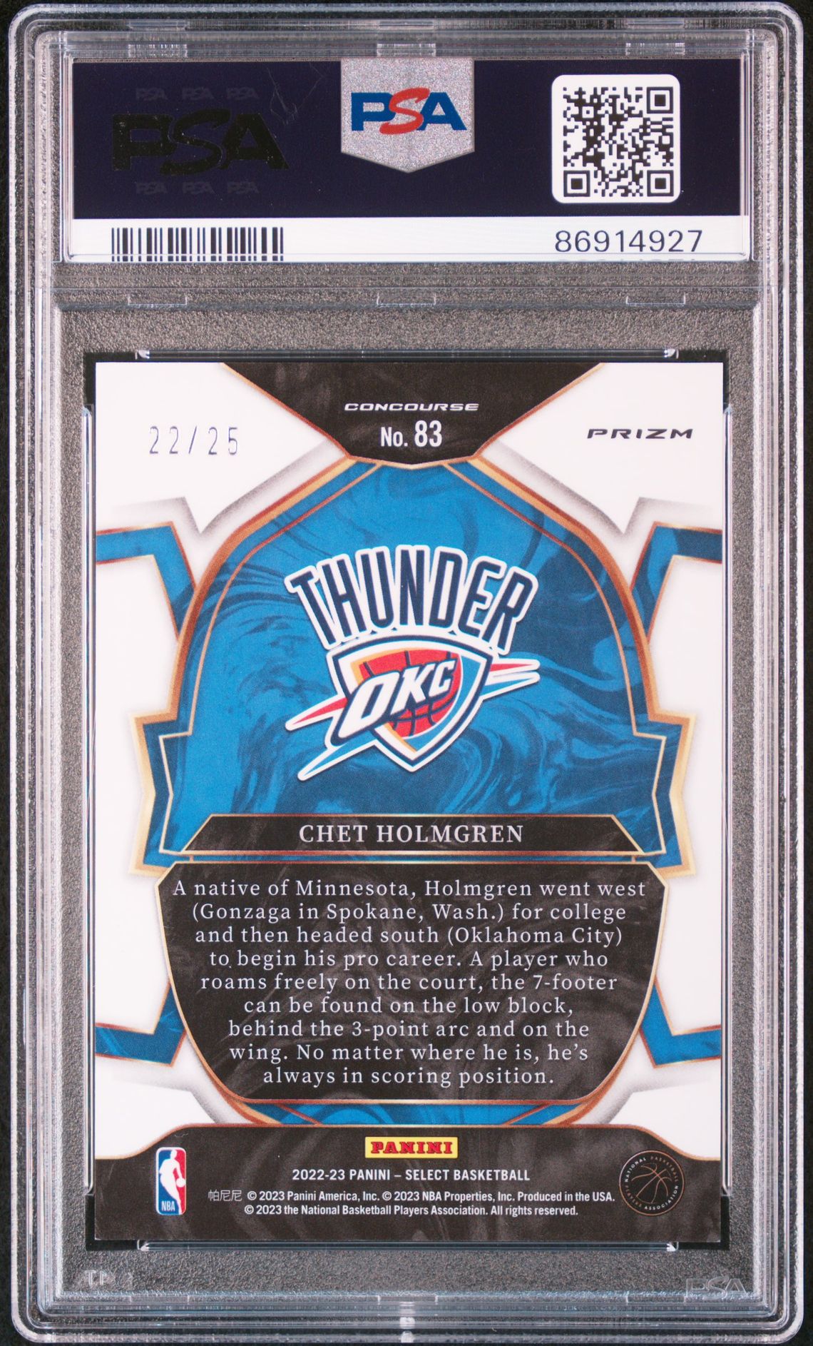 2022 Panini Select Chet Holmgren #83 (Tie-Dye) Gem Mt 10 back