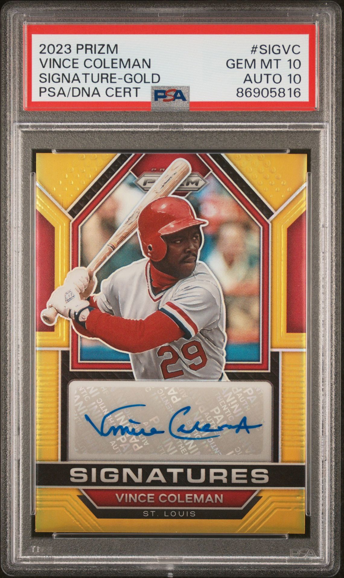 2023 Panini PANINI PRIZM SIGNATURES GOLD PRIZMCertificationPrimary Signer (1 Signer)VINCE COLEMAN #SIGVC Vince Coleman front