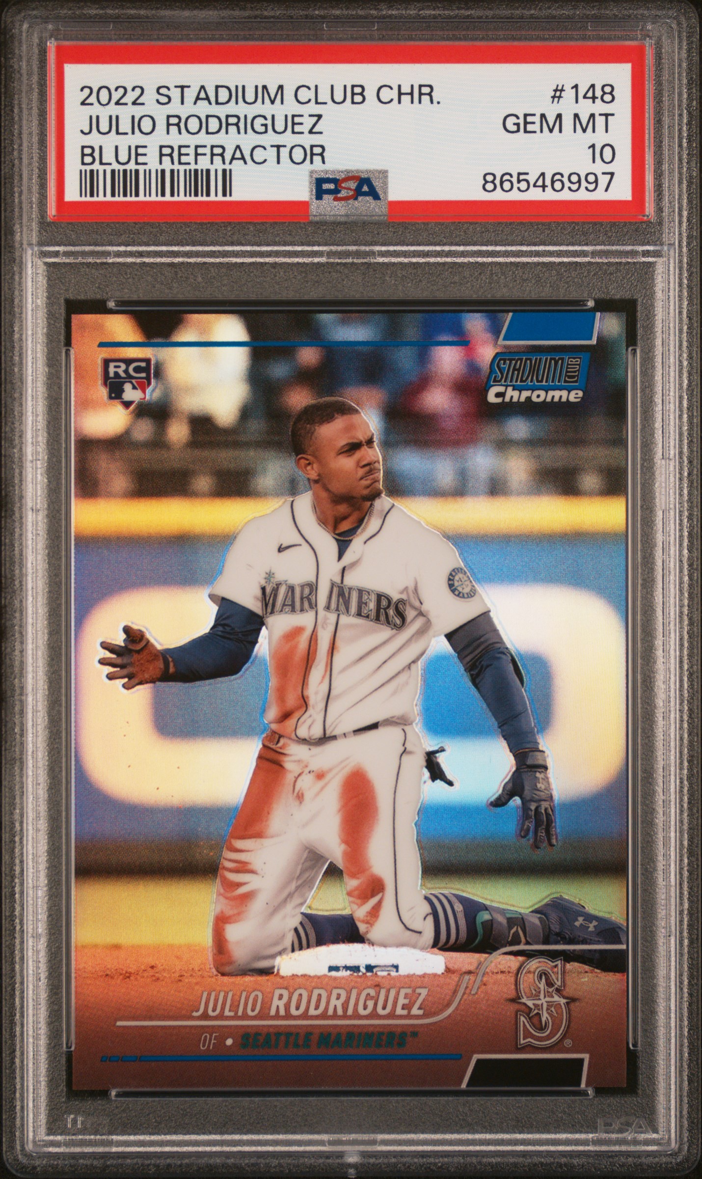 2022 Topps Stadium Club Chrome Blue Refractor #148 Julio Rodriguez Rookie Card (#128/199) – PSA GEM MT 10