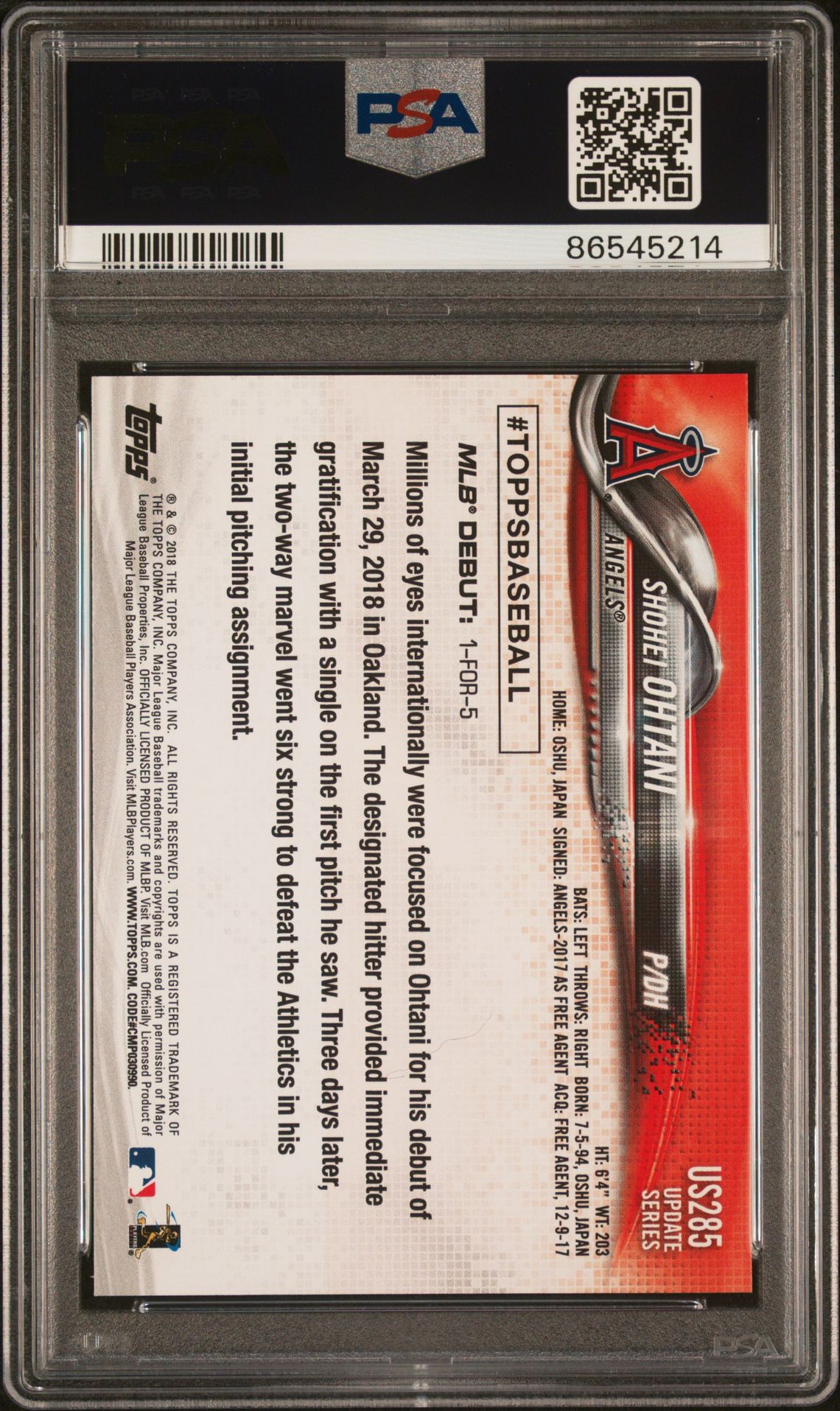 2018 Topps Update Shohei Ohtani #Us285 Mint 9 back