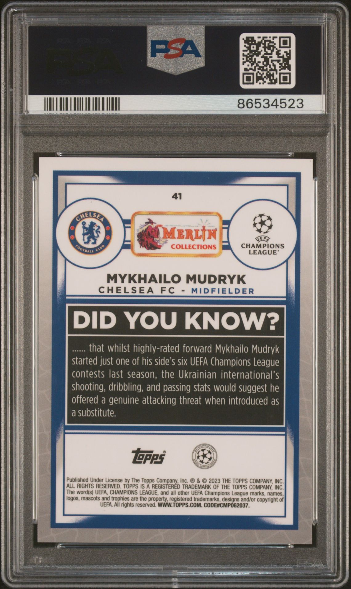 2022-23 Topps Merlin Chrome Uefa Club Competitions Mykhailo Mudryk #41 (Purple Refractor) Gem Mt 10 back