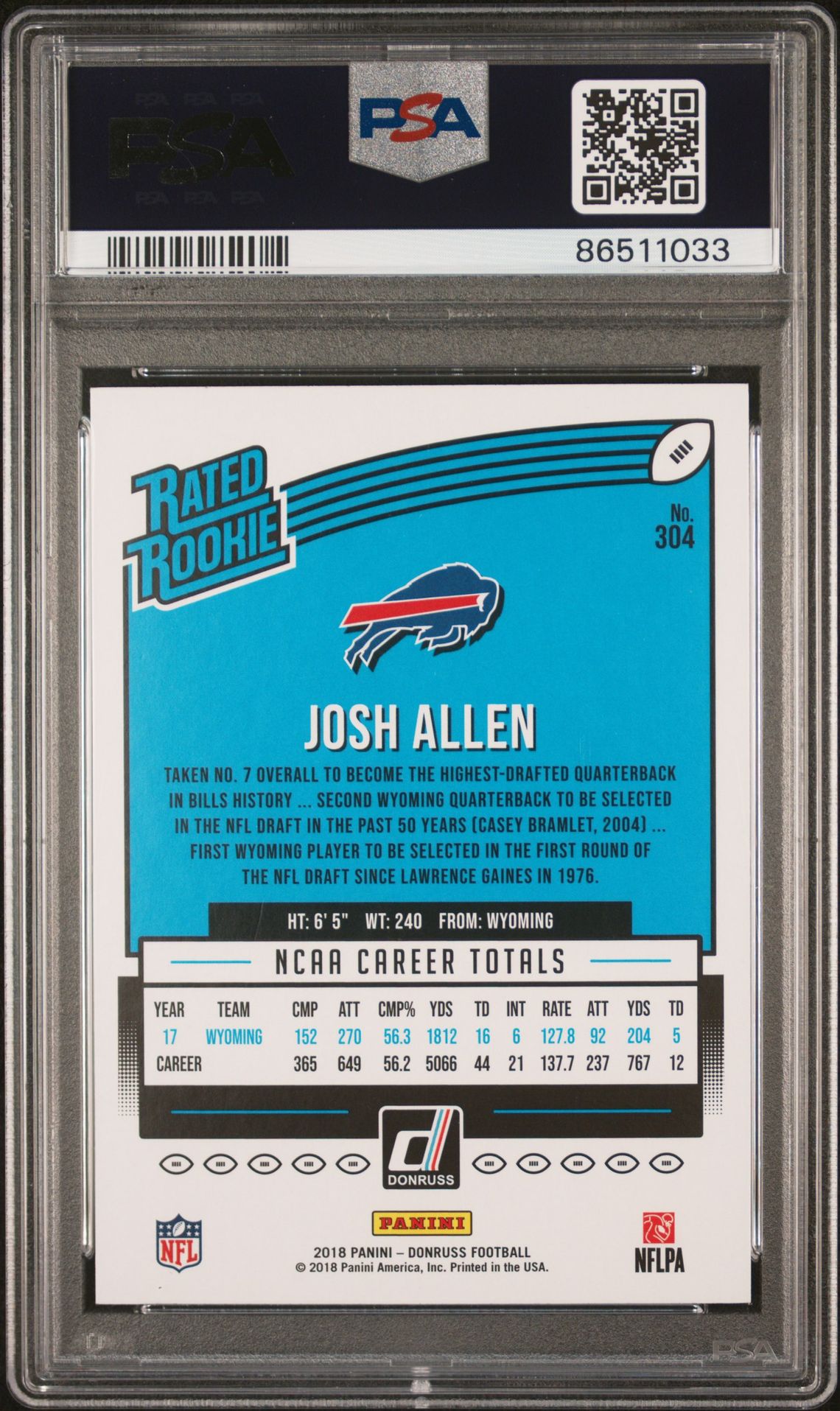 2018 Panini Donruss Josh Allen #304 Gem Mt 10 back