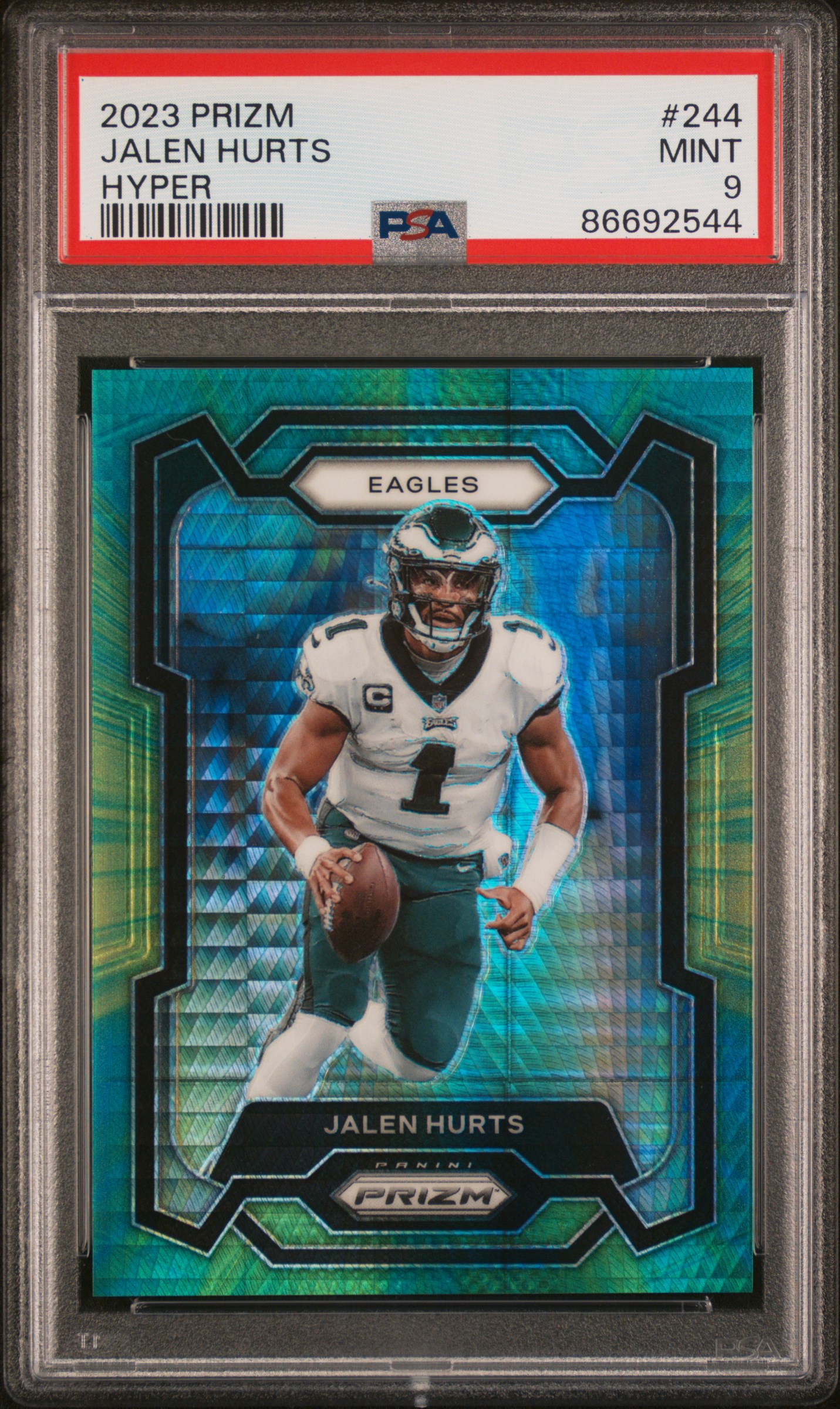 2023 Panini Prizm Hyper #244 Jalen Hurts (#115/175) – PSA MINT 9