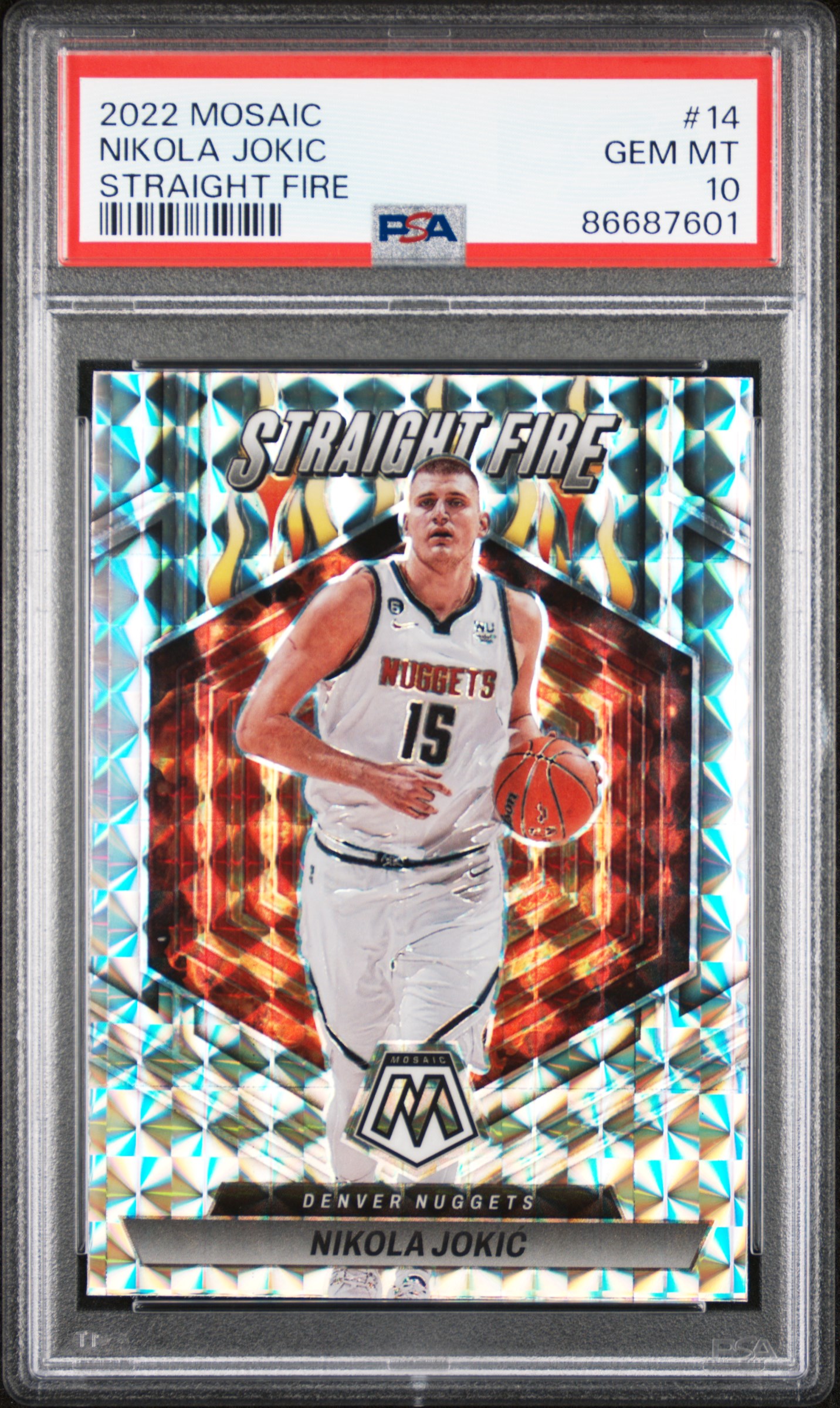 2022-23 Panini Mosaic Straight Fire #14 Nikola Jokic – PSA GEM MT 10