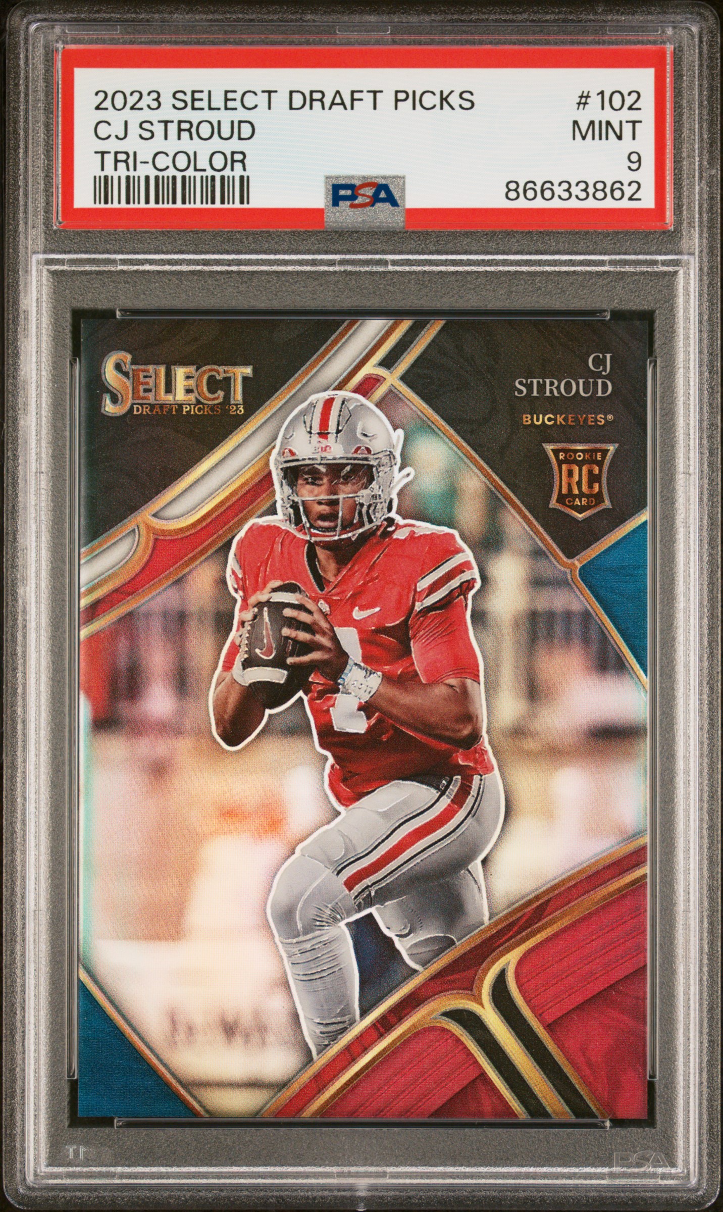 2023 Panini Select Draft Picks Tri-Color #102 C.J. Stroud Rookie Card (#177/199) – PSA MINT 9