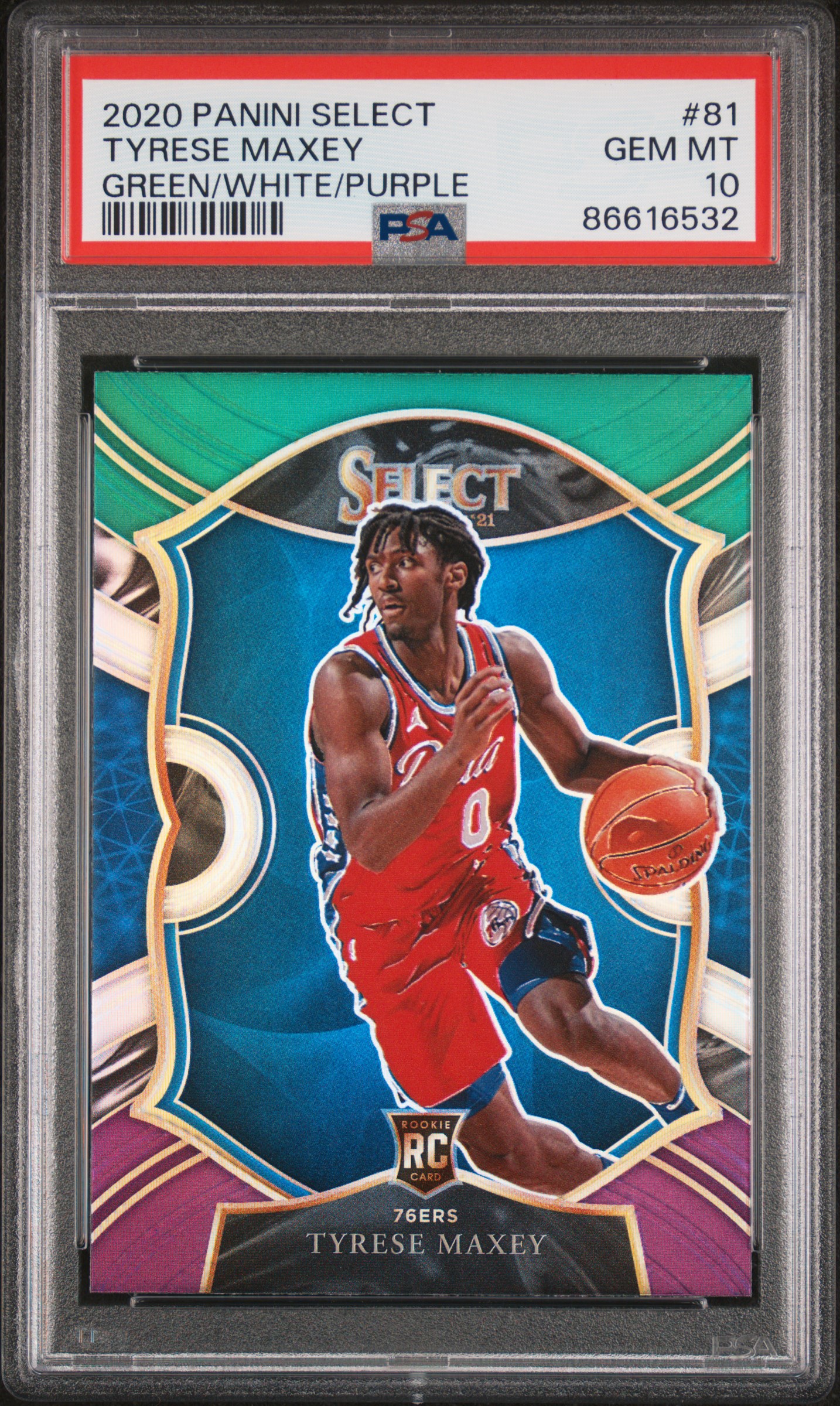 2020-21 Panini Select Green/White/Purple #81 Tyrese Maxey Rookie Card – PSA GEM MT 10