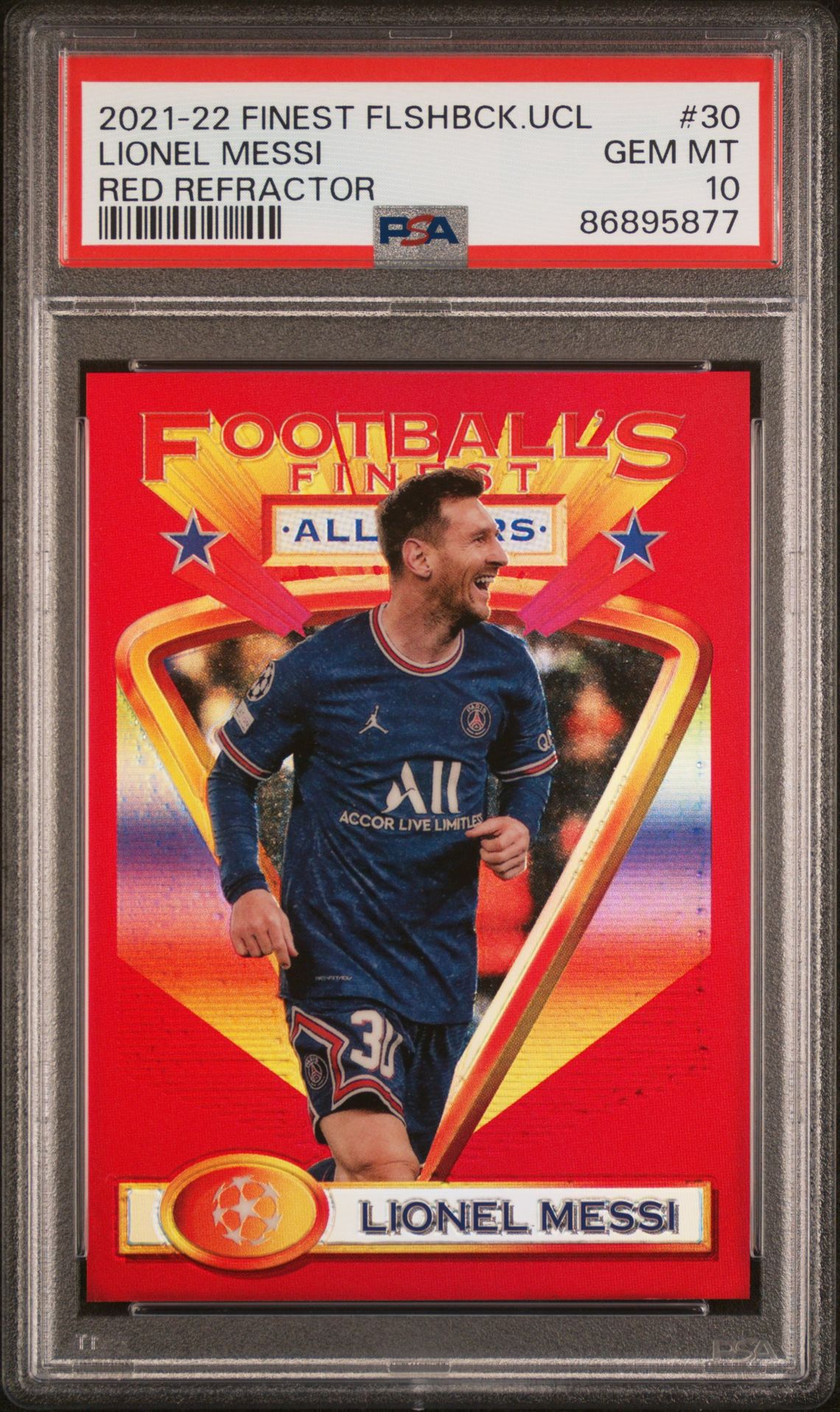 2021-22 Topps TOPPS FINEST FLASHBACKS UEFA CHAMPIONS LEAGUE RED REFRACTOR #30 Lionel Messi front