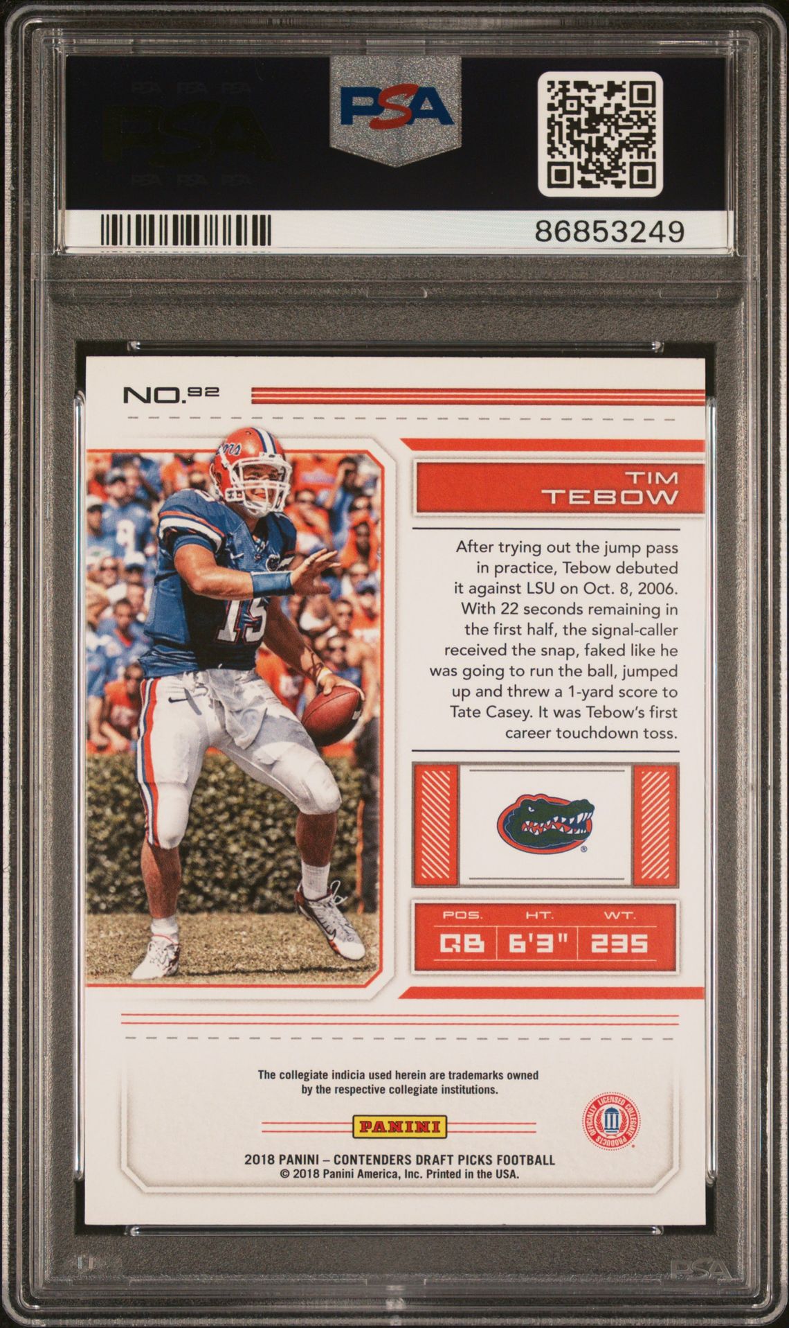 2018 Panini Contenders Draft Picks Tim Tebow #92 Gem Mt 10 back