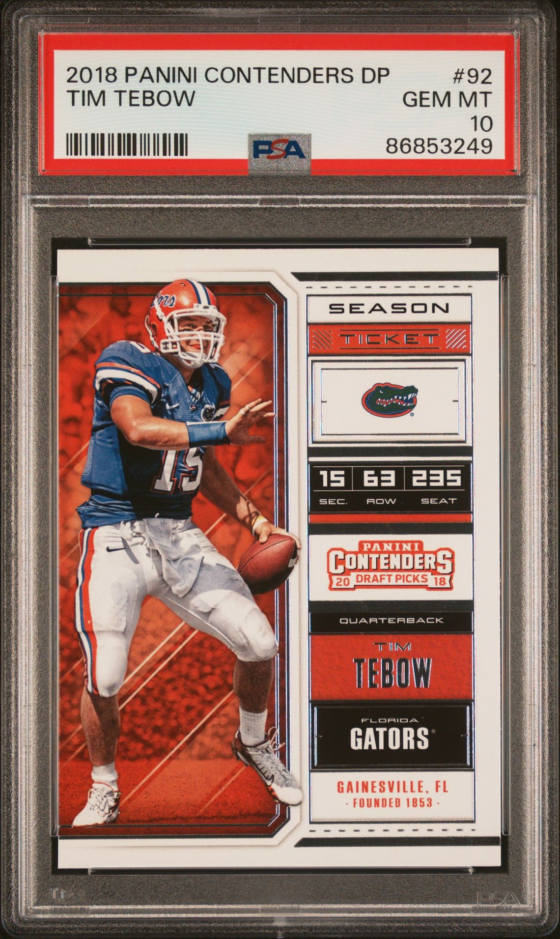 2018 Panini Contenders Draft Picks Tim Tebow #92 Gem Mt 10 front