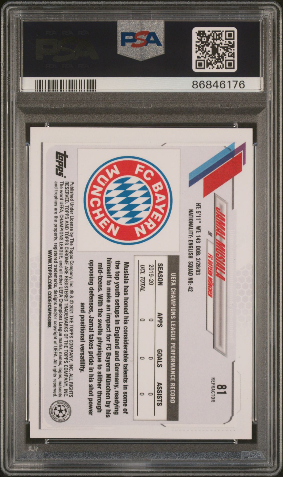 2020 Topps Chrome Uefa Champions League Jamal Musiala #81 (Refractor) Mint 9 back