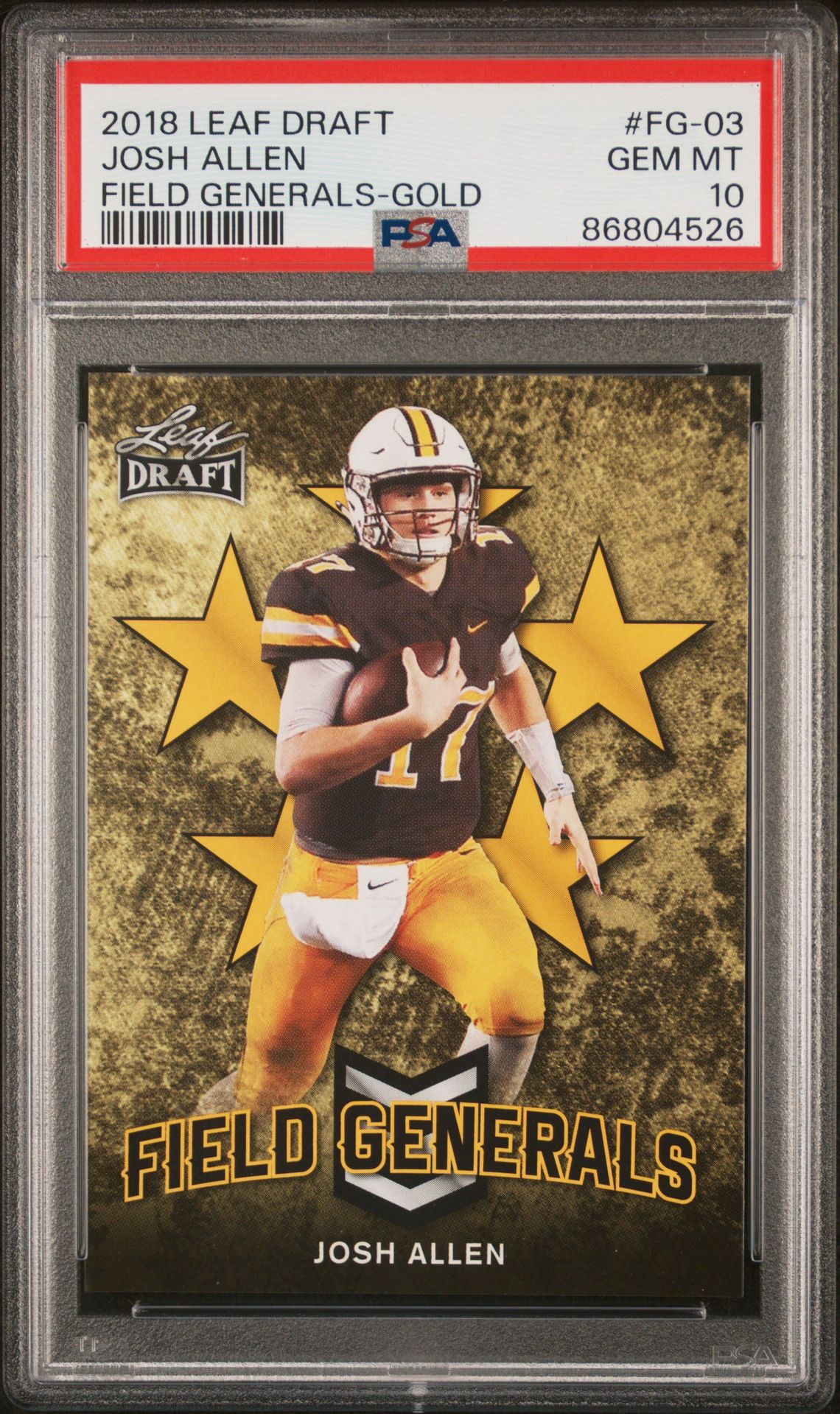 2018 Leaf Draft Field Generals Josh Allen #Fg-03 (Field Generals-Gold) Gem Mt 10 front view - PSA graded GEM MT 10