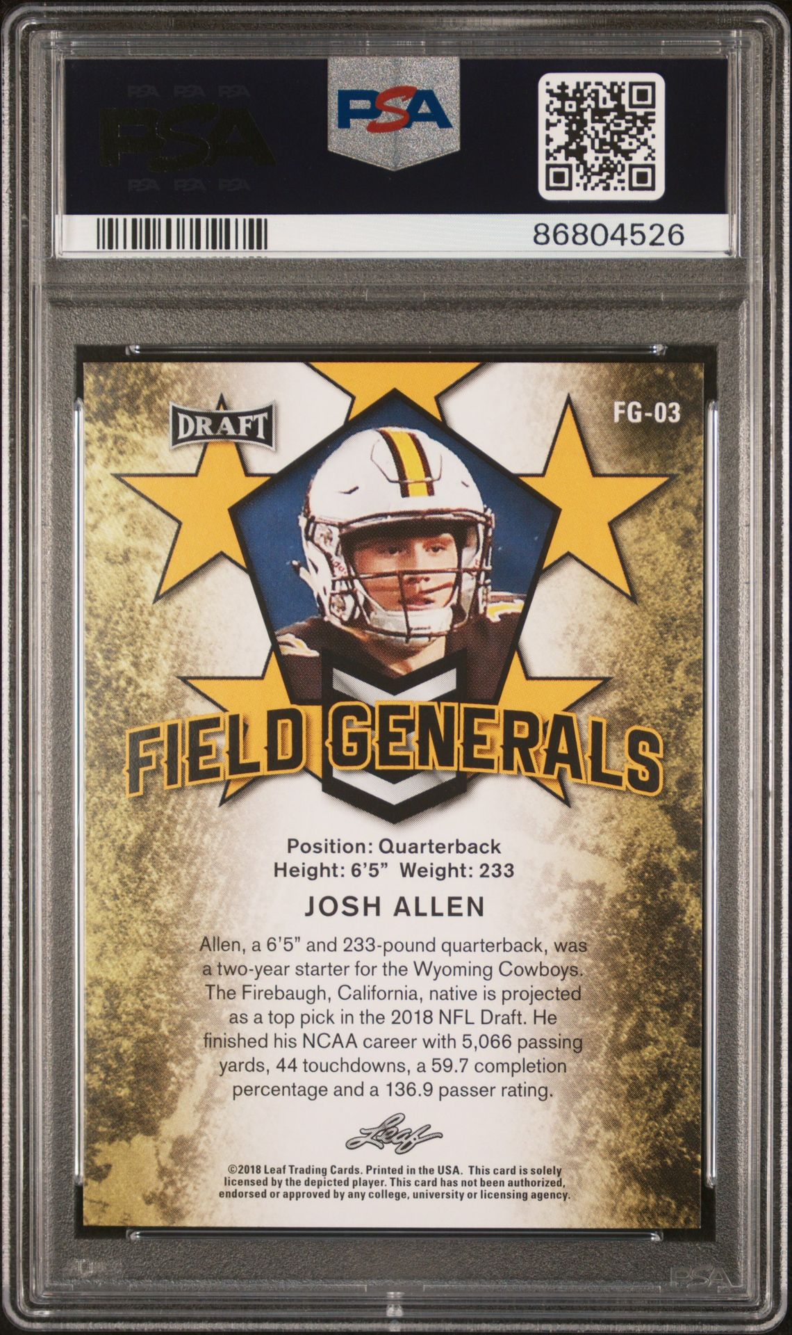 2018 Leaf Draft Field Generals Josh Allen #Fg-03 (Field Generals-Gold) Gem Mt 10 back view - PSA certificate #86804526