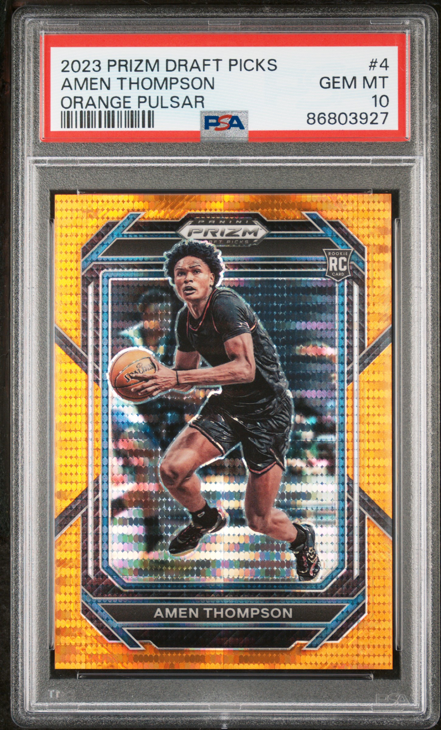 2023-24 Panini Prizm Draft Picks Orange Pulsar #4 Amen Thompson Rookie Card (#11/49) – PSA GEM MT 10