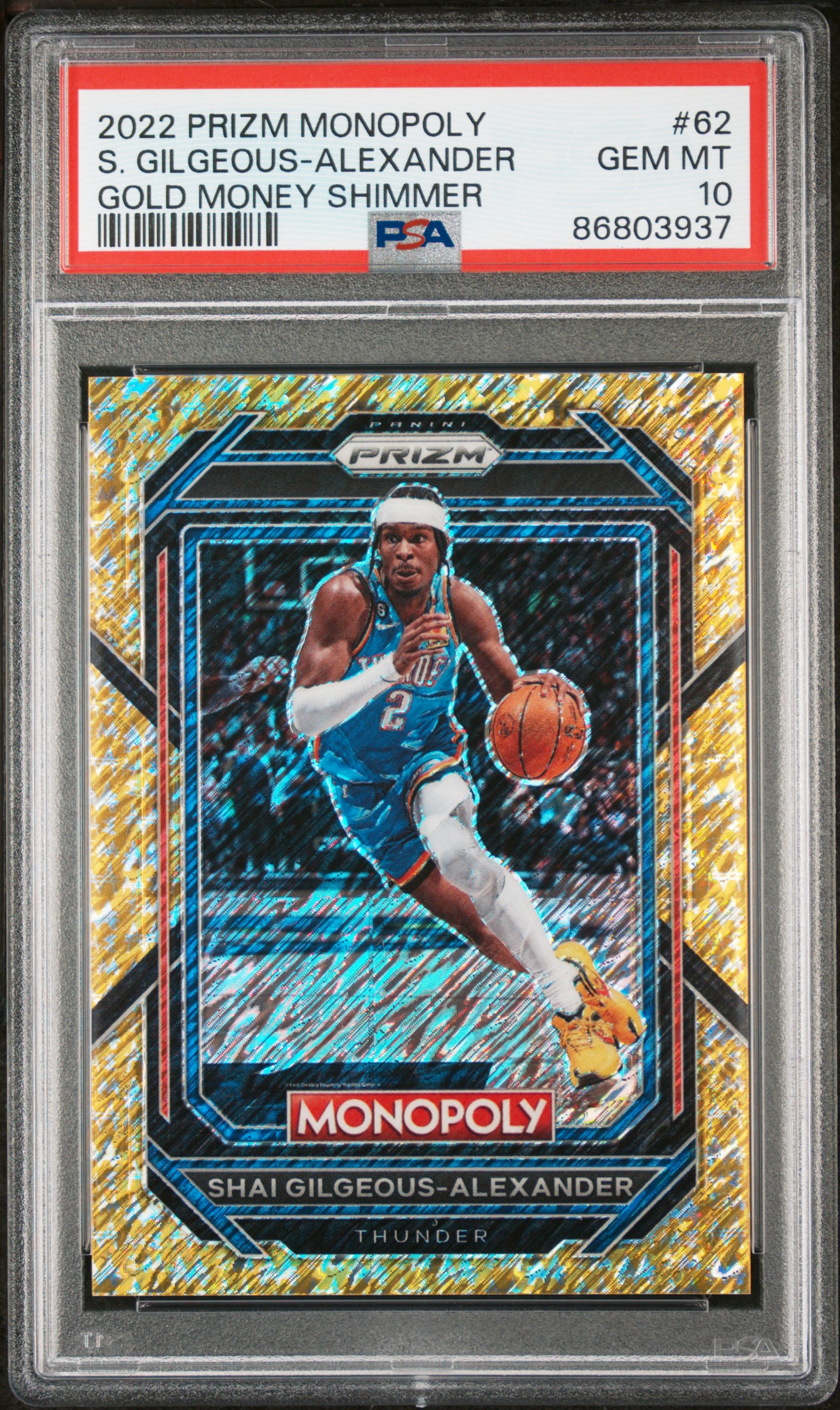 2022-23 Panini Prizm Monopoly Gold Money Shimmer #62 Shai Gilgeous-Alexander (#004/500) – PSA GEM MT 10