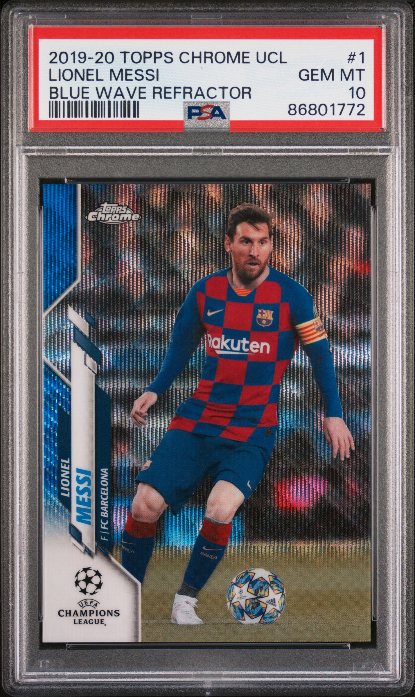 2019-20 Topps Chrome UEFA Champions League Blue Wave Refractor #1 Lionel Messi (#63/75) – PSA GEM MT 10