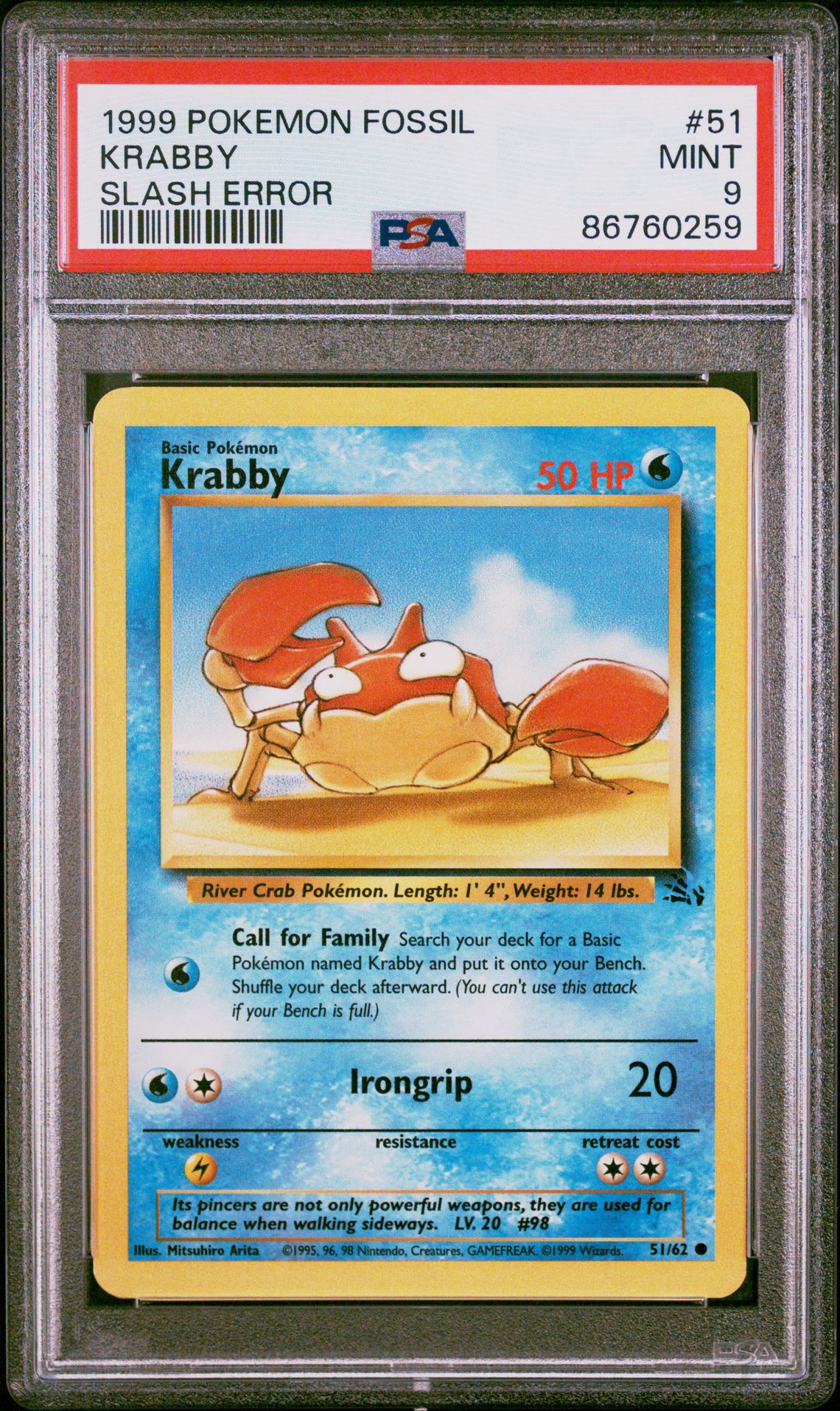 1999 Pokemon Fossil Slasherror SLASH ERROR #51 Krabby front