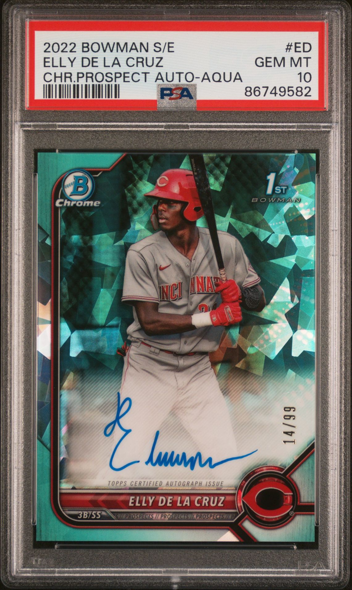 2022 Bowman BOWMAN SAPPHIRE EDITION CHROME PROSPECT AUTOGRAPHS CHR.PROSPECT AUTO-AQUA #ED Elly De La Cruz front