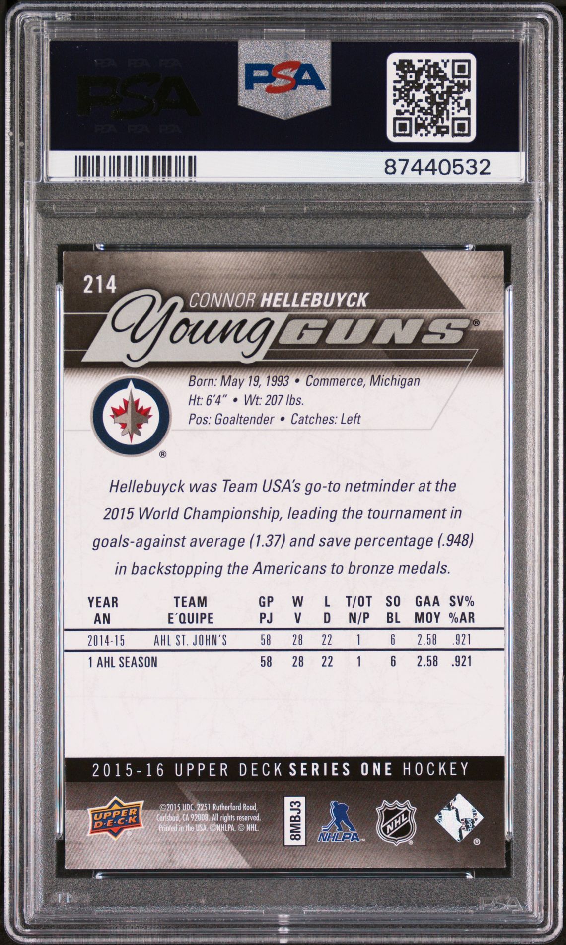 2015 Upper Deck Connor Hellebuyck #214 Mint 9 back