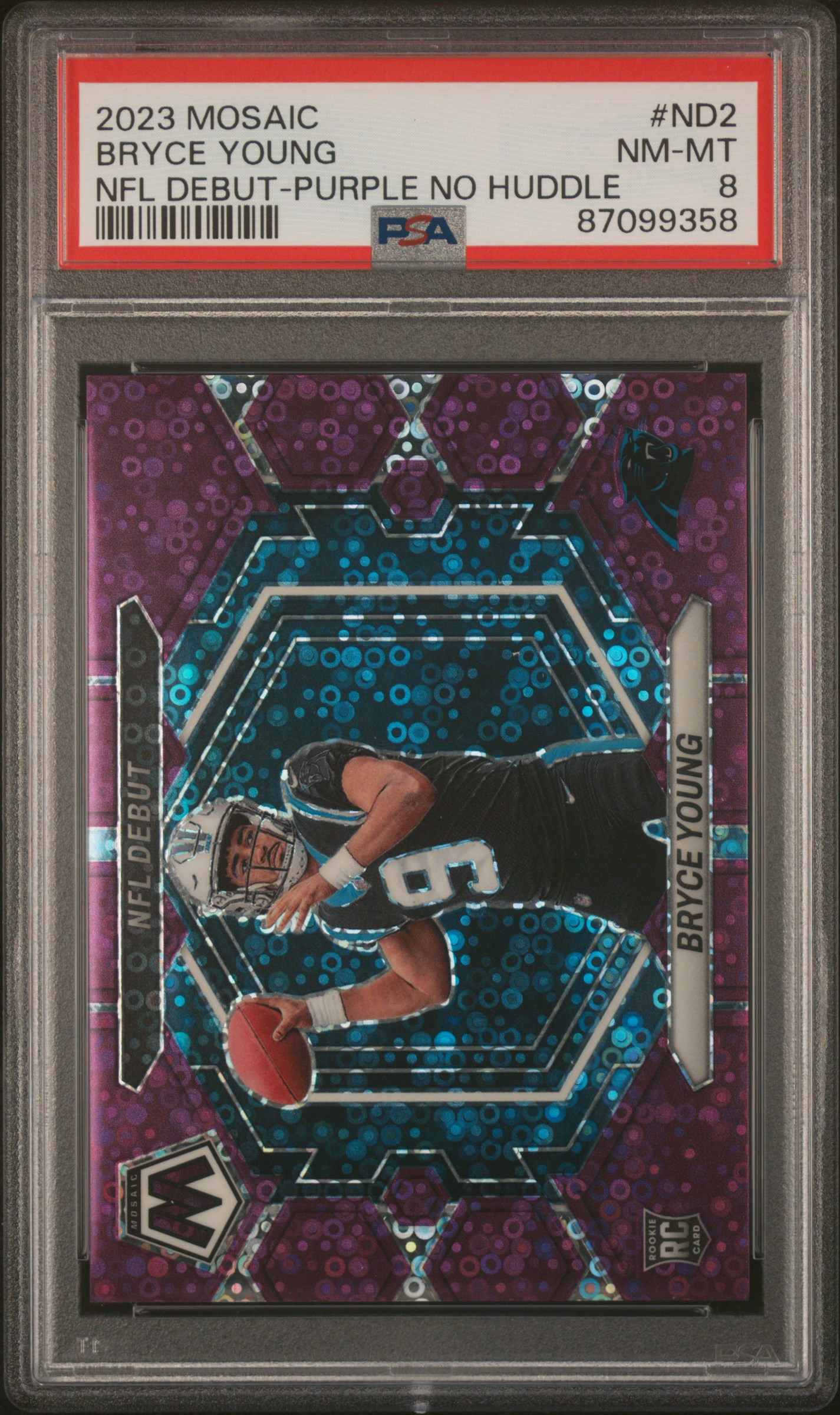 2023 Panini Mosaic NFL Debut Purple No Huddle #ND2 Bryce Young (#22/50) PSA 8