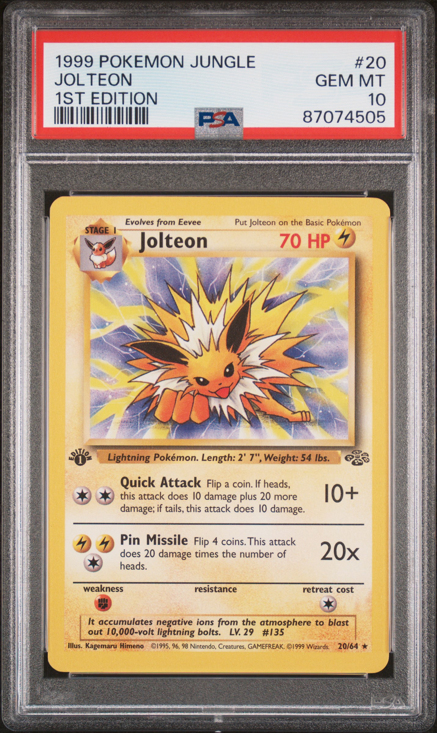 1999 Pokemon Jungle 1st Edition #20 Jolteon – PSA GEM MT 10