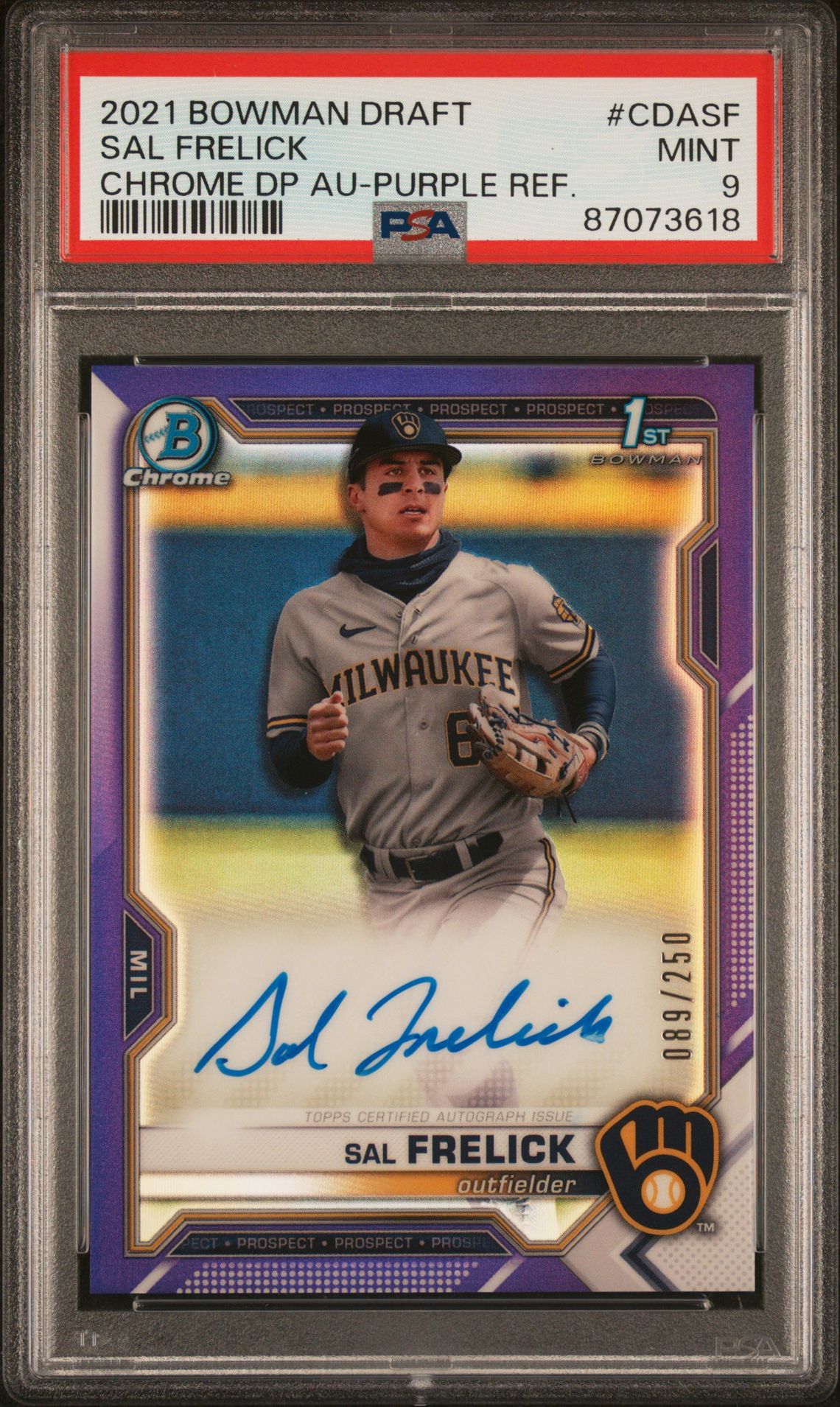 2021 Bowman Draft Chrome Draft Pick Autographs Sal Frelick #Cdasf (Chrome Dp Au-Purple Ref.) Mint 9 front