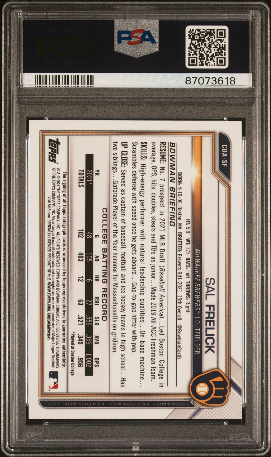 2021 Bowman Draft Chrome Draft Pick Autographs Sal Frelick #Cdasf (Chrome Dp Au-Purple Ref.) Mint 9 back