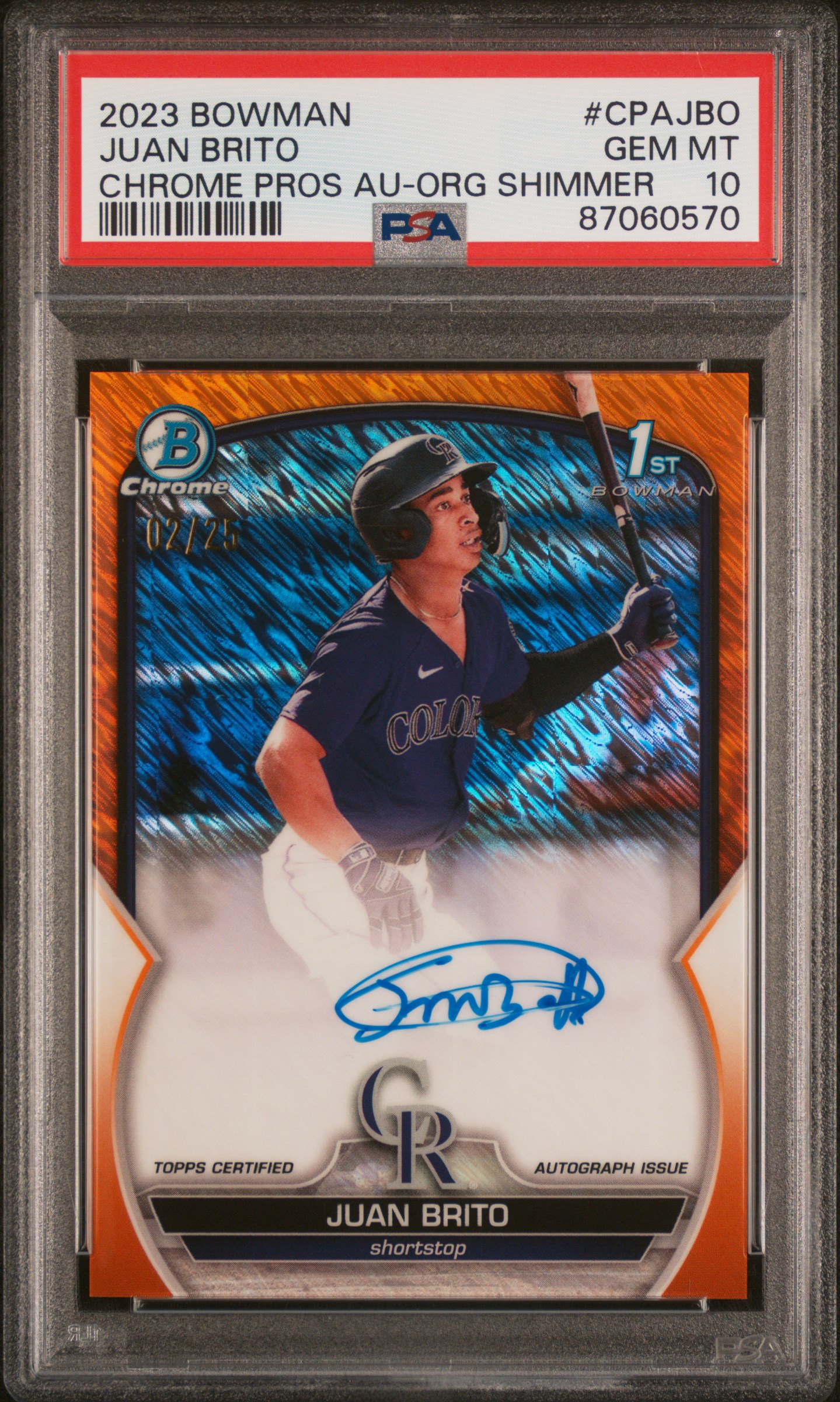 2023 Bowman Chrome Prospect Autographs Juan Brito Orange Shimmer #CPAJBO PSA 10