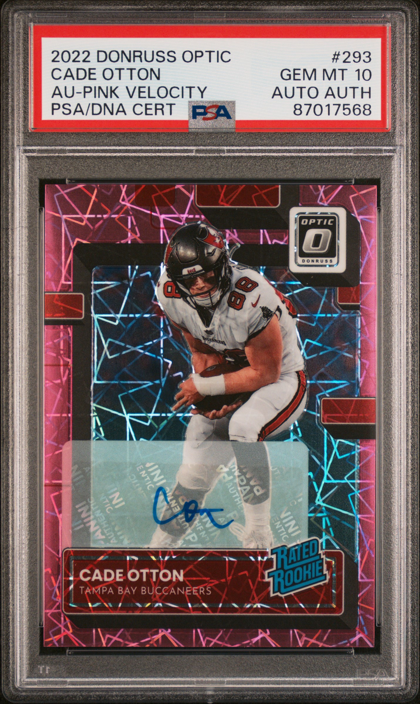 2022 Panini Donruss Optic Autograph-Pink Velocity Rated Rookie #293 Cade Otton Signed Rookie Card (#19/50) – PSA GEM MT 10, PSA/DNA Authentic