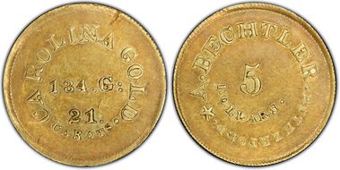 (1842-50) $5 A. Bechtler, 134 Grains, 21 Carats AU50