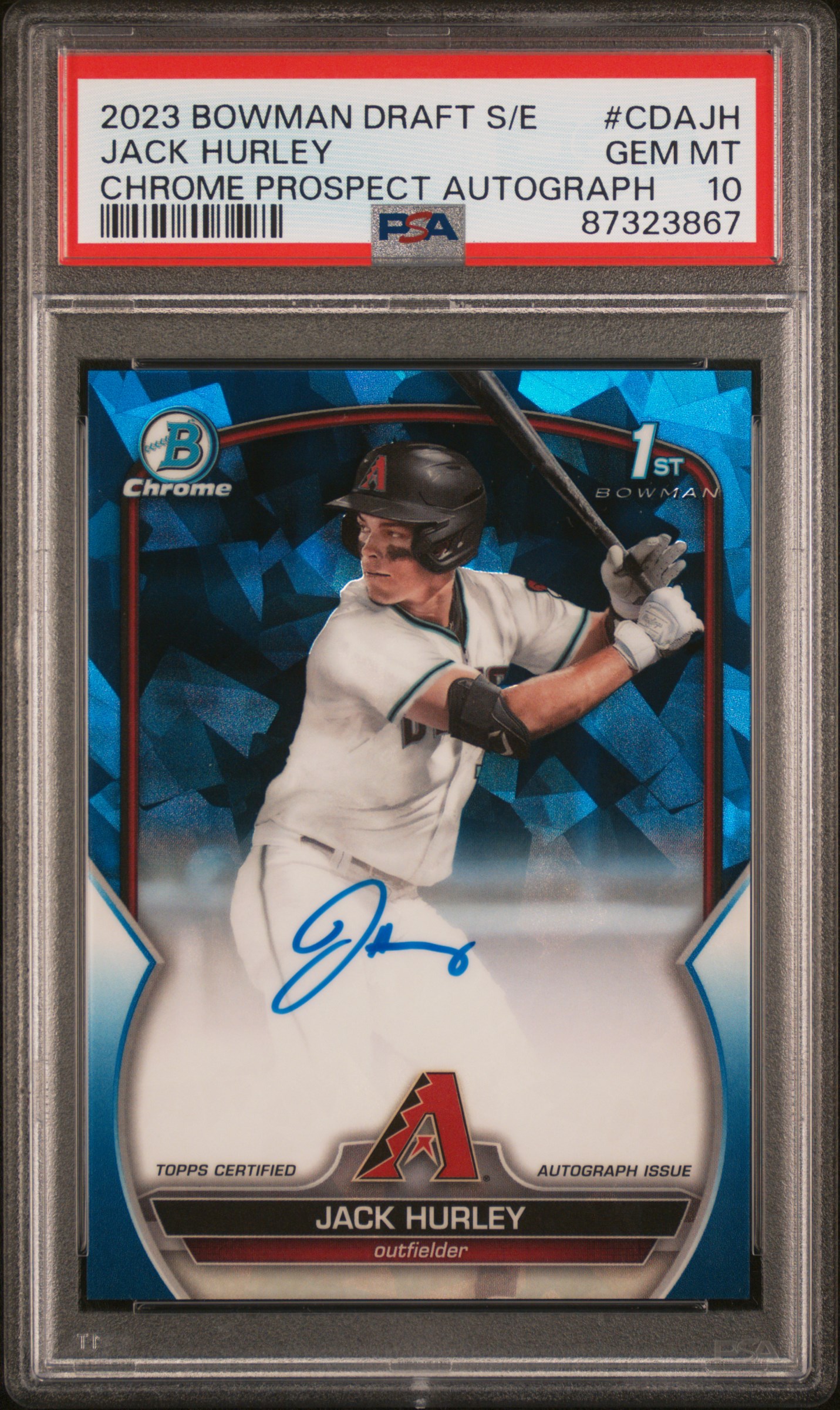 2023 Bowman Draft Sapphire Edition Chrome Prospect Autographs #CDA-JH Jack Hurley Signed Rookie Card (#137/199) – PSA GEM MT 10